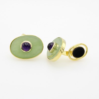 26811869a - Paar Manschettenknöpfe mit Farbsteinen, GG 585/000, grüne Jade, Onyxplatten, ...