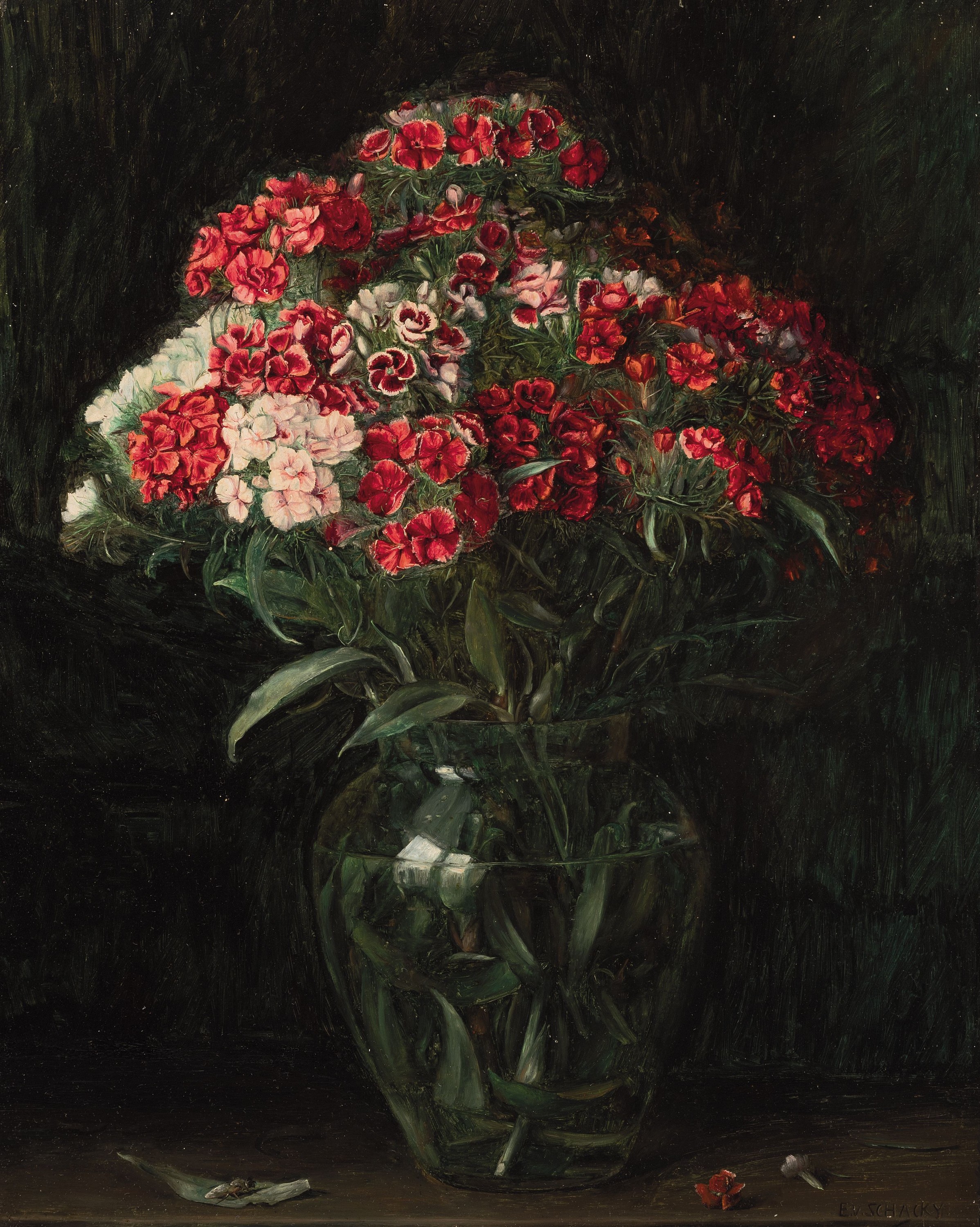 Eugenie von Schacky, 1884-1965, Blumenstillleben, detaillierte Malerei und genaue Beobachtung von Materialität und Lichtwirkung, rot-weisse ...