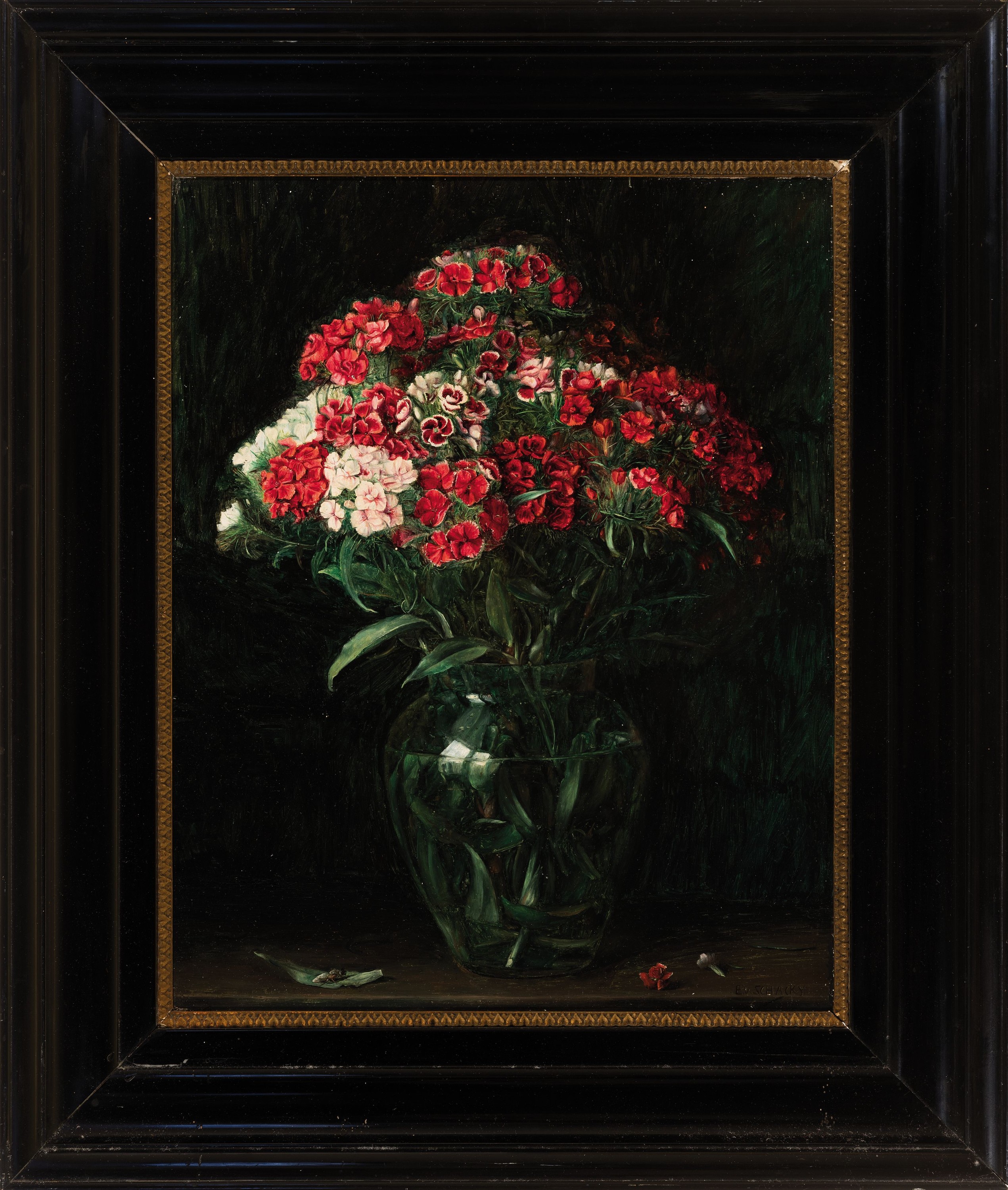 Detail k: Eugenie von Schacky, 1884-1965, Blumenstillleben, detaillierte Malerei und genaue Beobachtung von Materialität und Lichtwirkung, rot-weisse ...