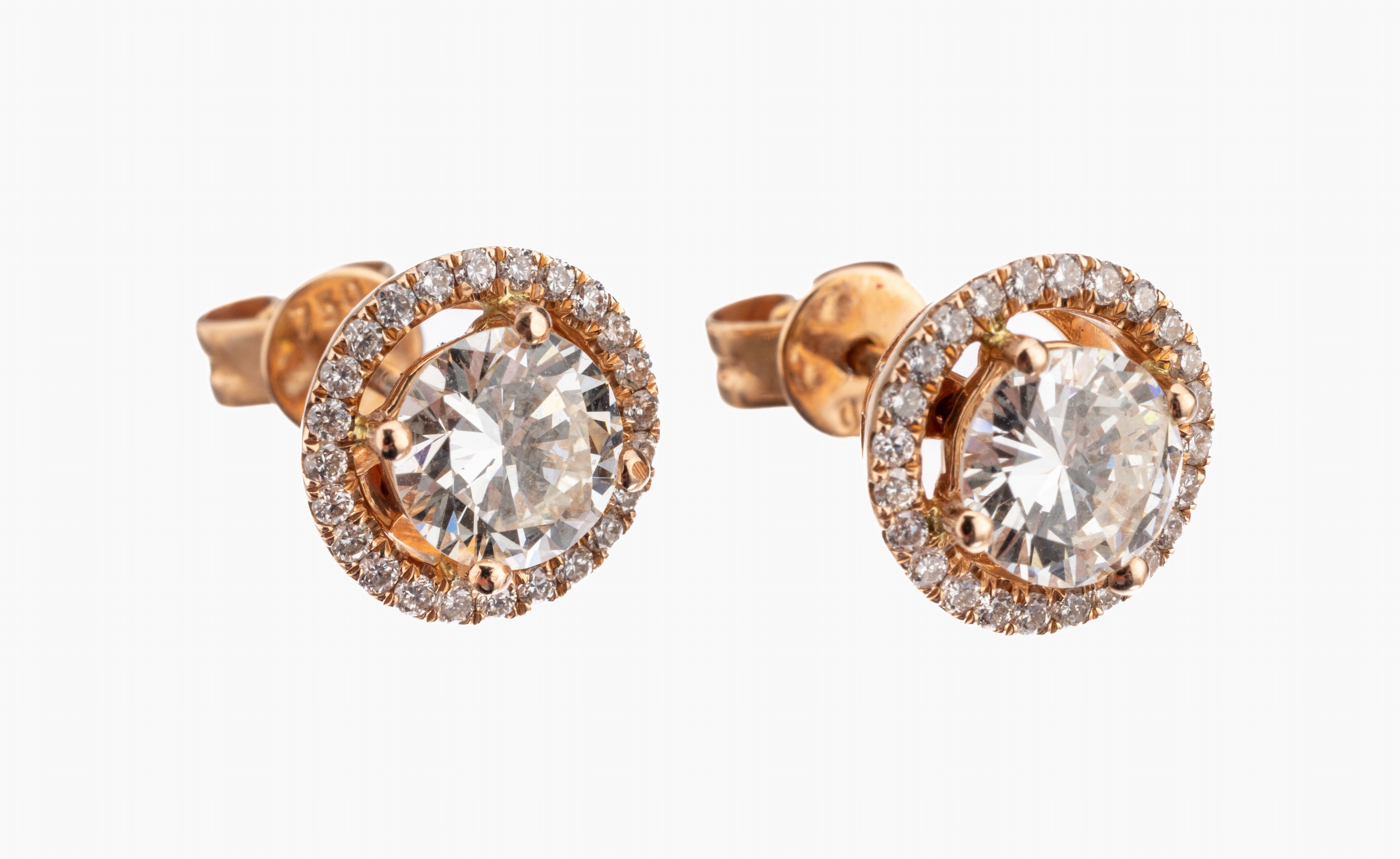 Paar 18 kt Gold Brillant-Ohrstecker, RG 750/000, 2 Brillanten zus. ca. 1.41 ct Weiß-l.get.Weiß/vs-si, umgeben von Kranz aus Brillanten zus. ca. ...