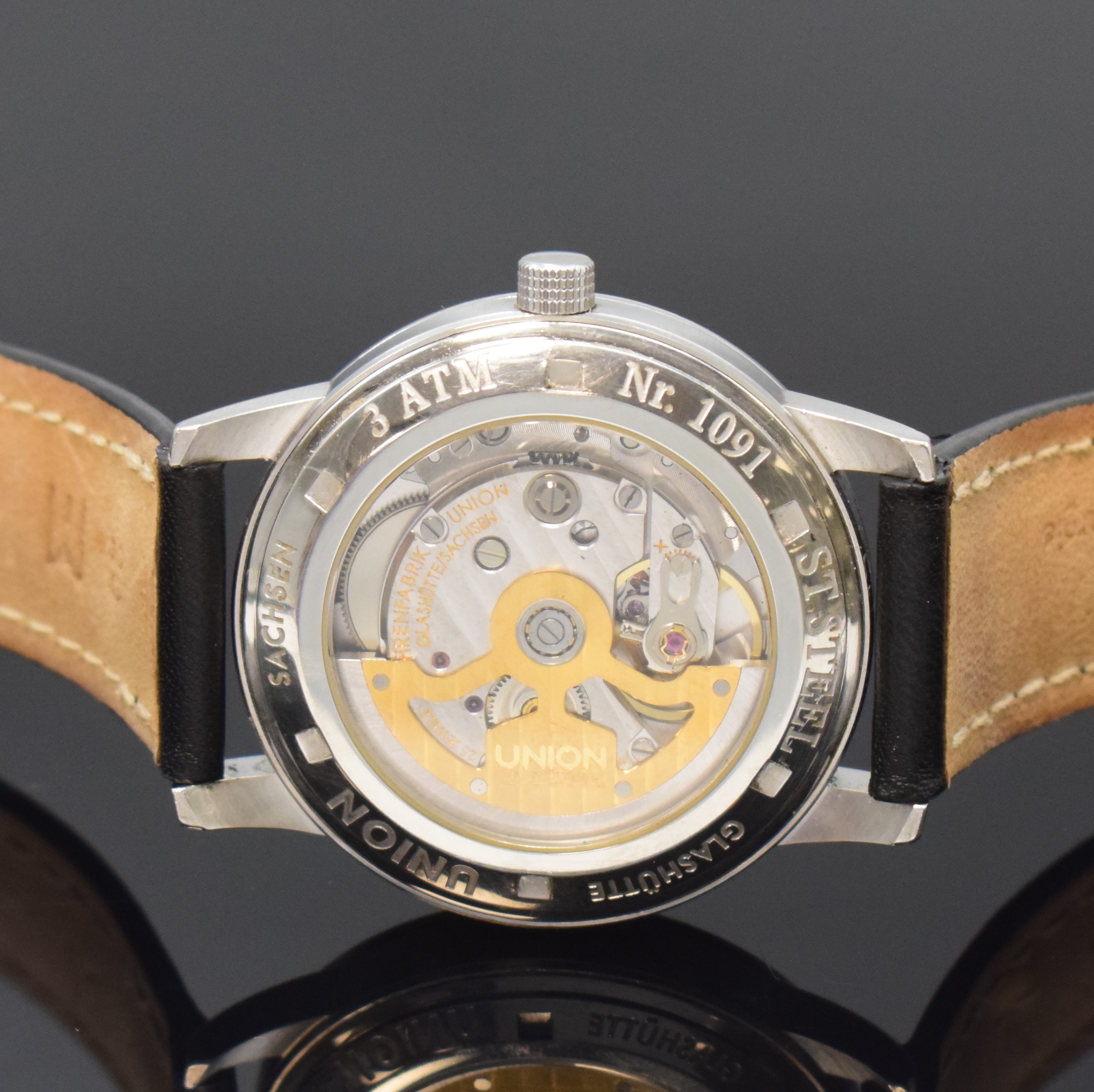 Detail d: UNION GLASHÜTTE Herrenarmbanduhr in Stahl, Deutschland um 2010, Automatik, beids. vergl. Geh. dell., Boden verschr., schwarzes Zifferbl. m. arab. ...