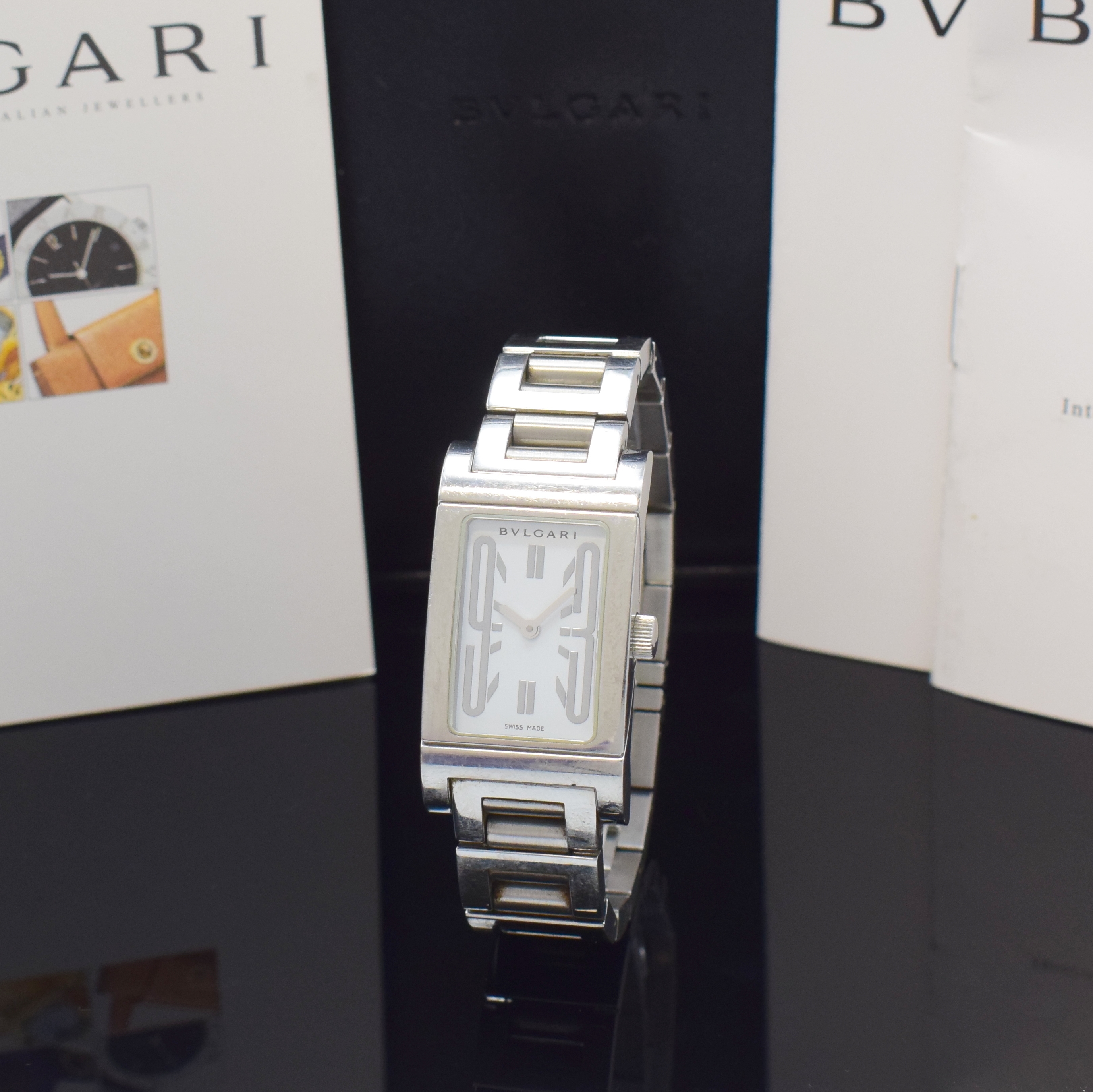BULGARI Damenarmbanduhr Modell Rettangolo in Stahl Referenz RT 39SS, Schweiz verk. lt. beil. Pap. 01/2001, quarz, orig. Gliederband m. dopp. ...