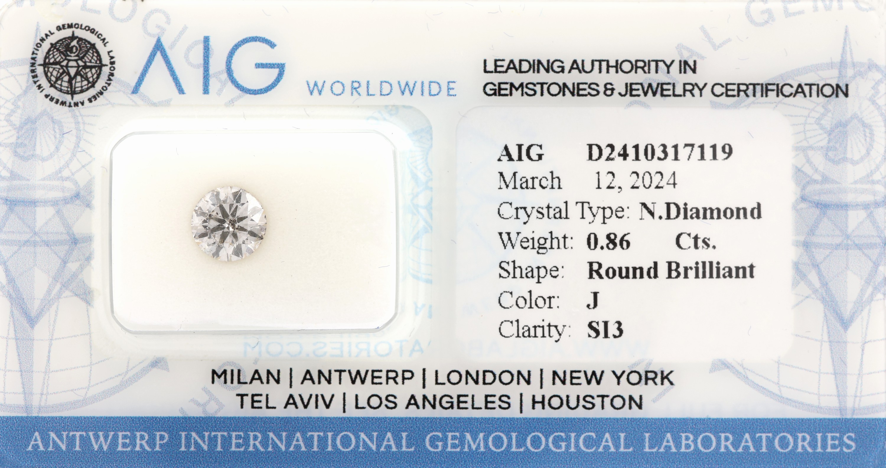 Loser Brillant, 0.86 ct l.get.Weiß/p 2, laut AIG Expertise J/si 3, eingeschweißt