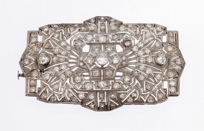 Image Art Deco platinum diamond-brooch , Pt. tested, fret work, old cut diamonds total approx. ...