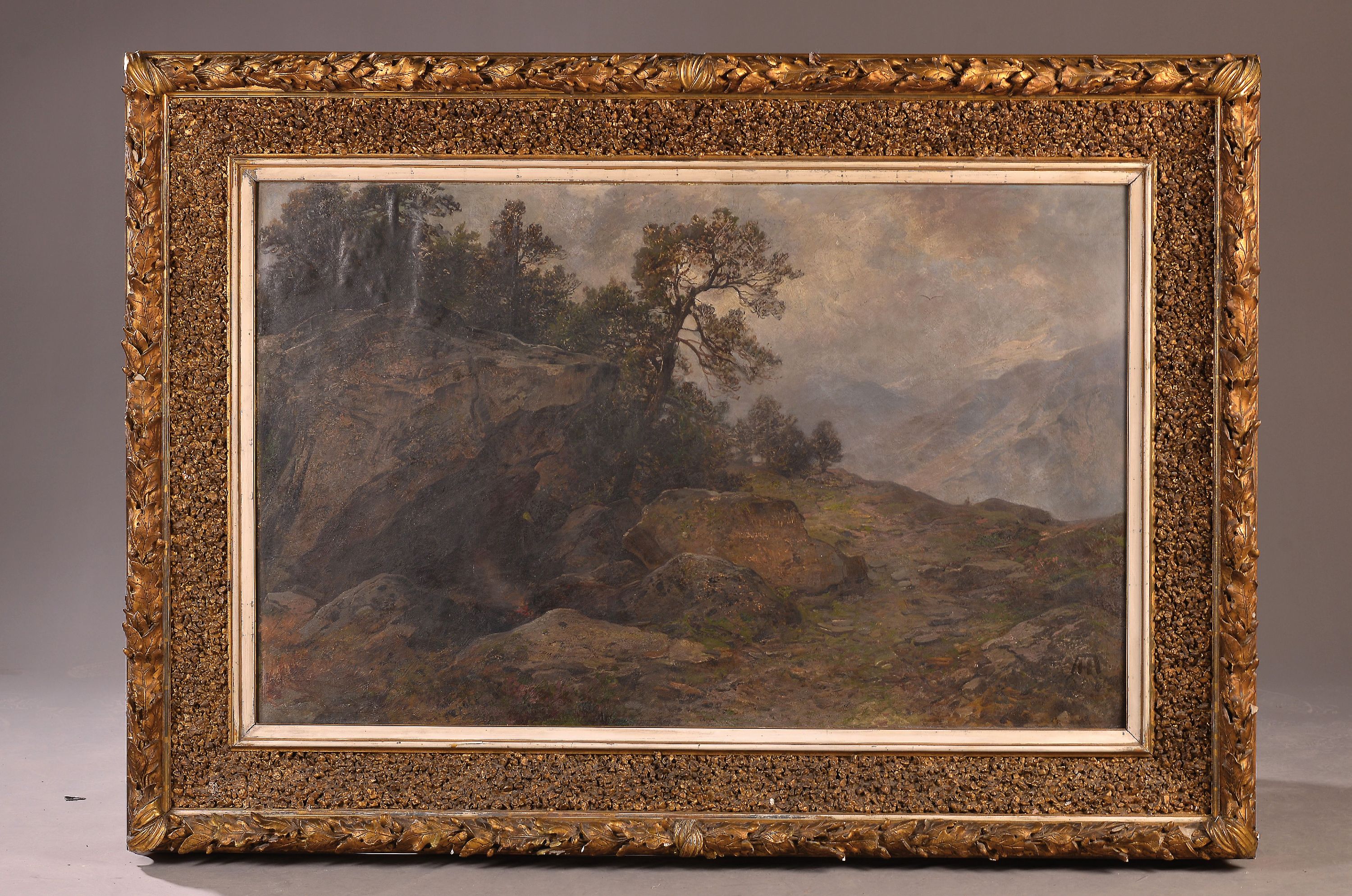 Detail k: August Hoerter, 1834 Elberfeld-1906 Karlsruhe, Landschaft in den Alpen, rückseitig bez.: Roseggthal bei Pontresina im Engadin, Öl/Lwd, feine ...