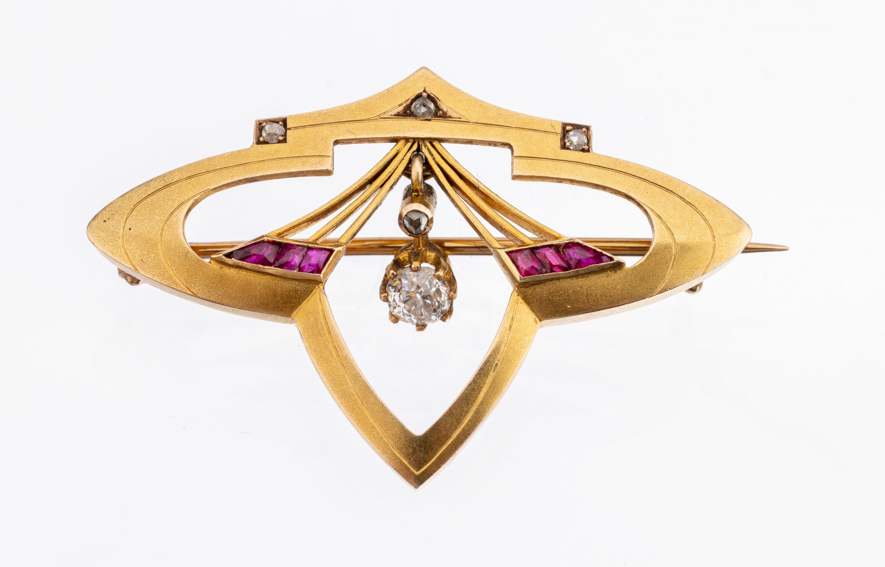 14 kt Gold Jugendstil Diamant-Rubin-Brosche, um 1905, GG 585/000, streng geometrischer Jugendstil, mittig bewegl. gefasster Altschliffdiamant ca. ...