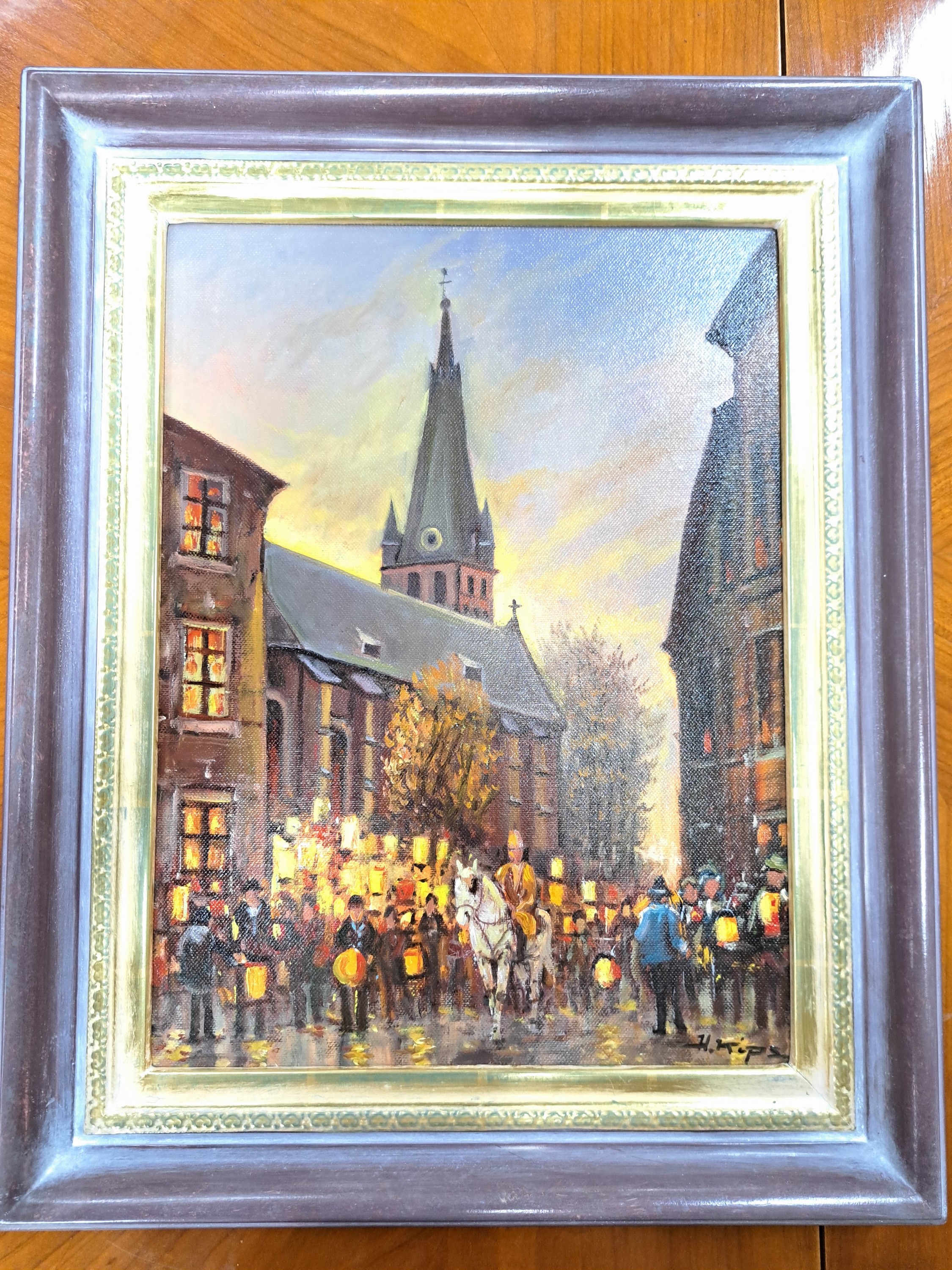 Detail a: Helmut Kips, geb. 1937 Krefeld, 2 Arbeiten in öl/Lwd, 1x Martinsabend in der Düsseldorfer Altstadt, rechts unten sign., ca. 40x30cm, R., 1x Ansicht ...