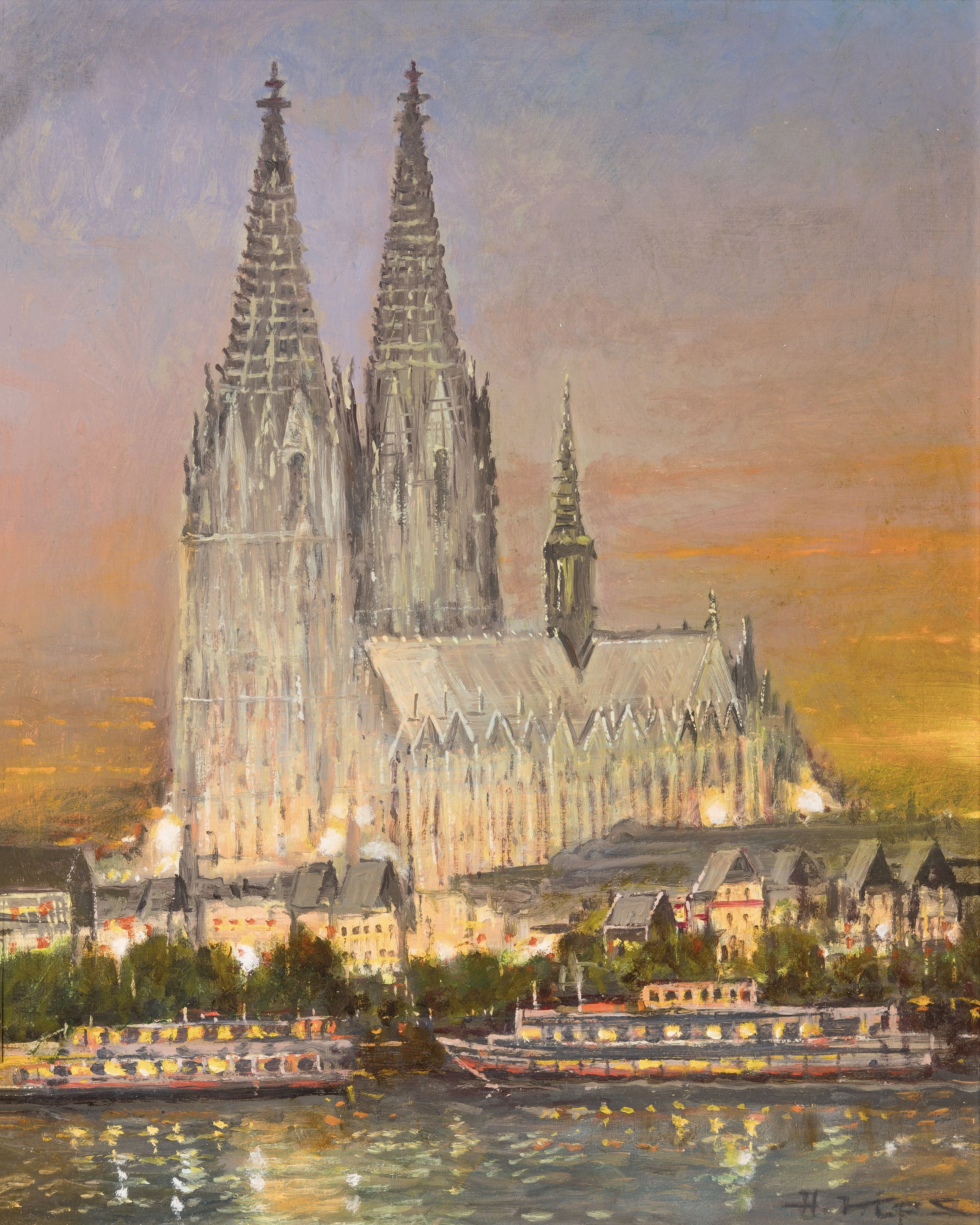 Detail c: Helmut Kips, geb. 1937 Krefeld, 2 Arbeiten in öl/Lwd, 1x Blick auf den Kölner Dom, Öl/ Malkarton, re. u. sign., ca. 30x24cm, R., 1x Ansicht aus ...