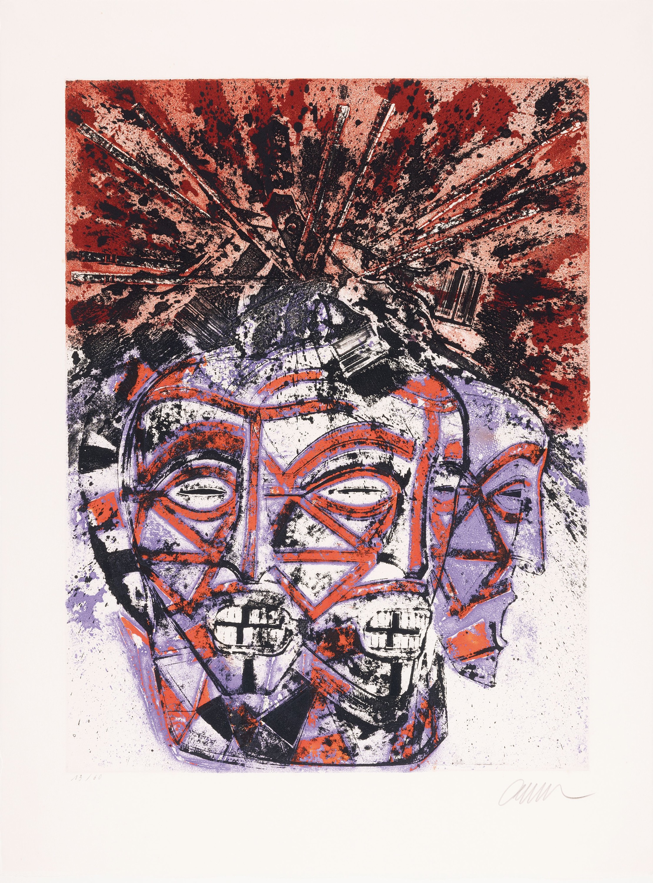 Arman, 1928-2005, Afrikanische Masken, Farbaquatinta auf Arches-Bütten, handsign., num. 13/60, ca. 76x57cm, PP, u.Gl., R. 102x82cm