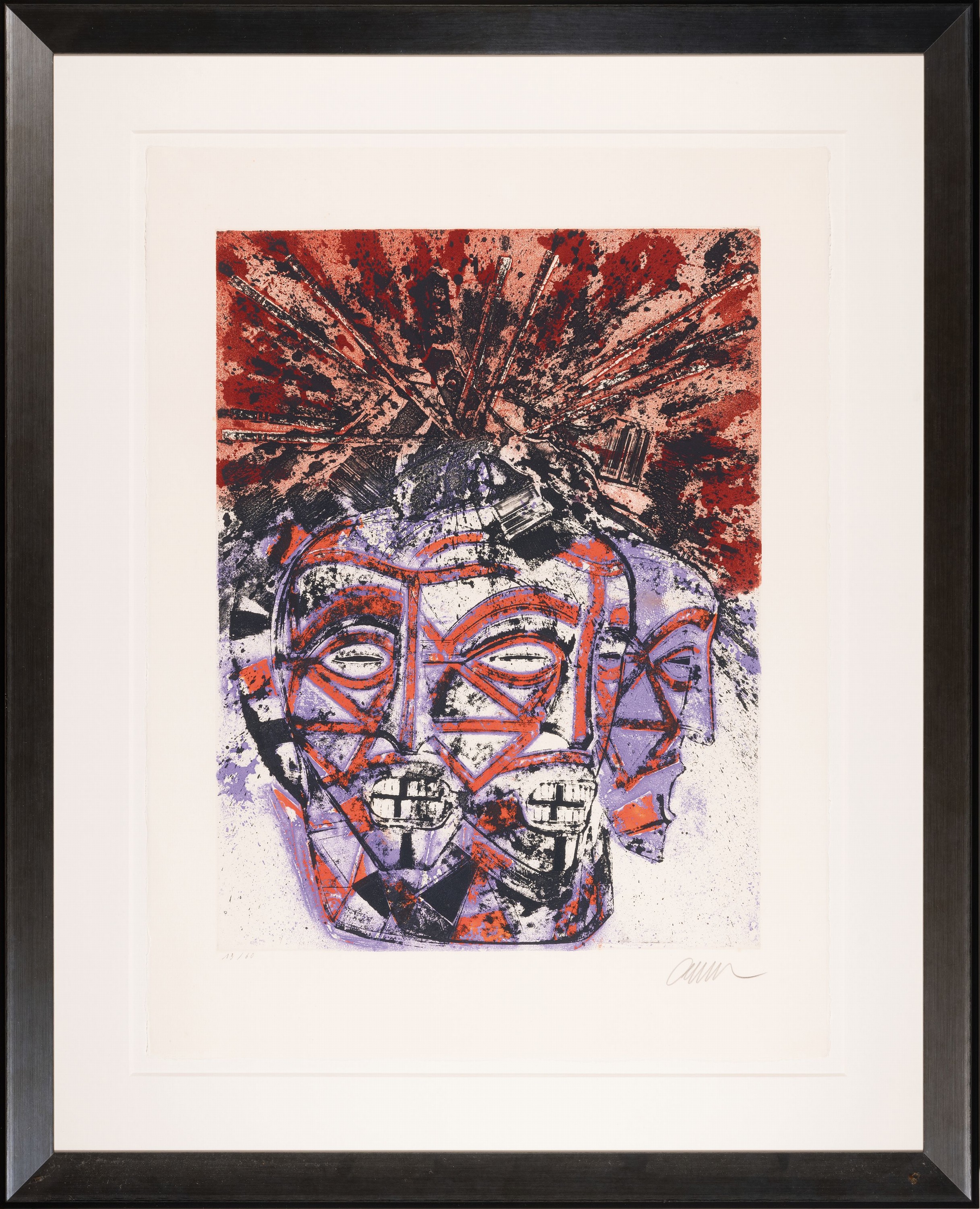 Detail k: Arman, 1928-2005, Afrikanische Masken, Farbaquatinta auf Arches-Bütten, handsign., num. 13/60, ca. 76x57cm, PP, u.Gl., R. 102x82cm