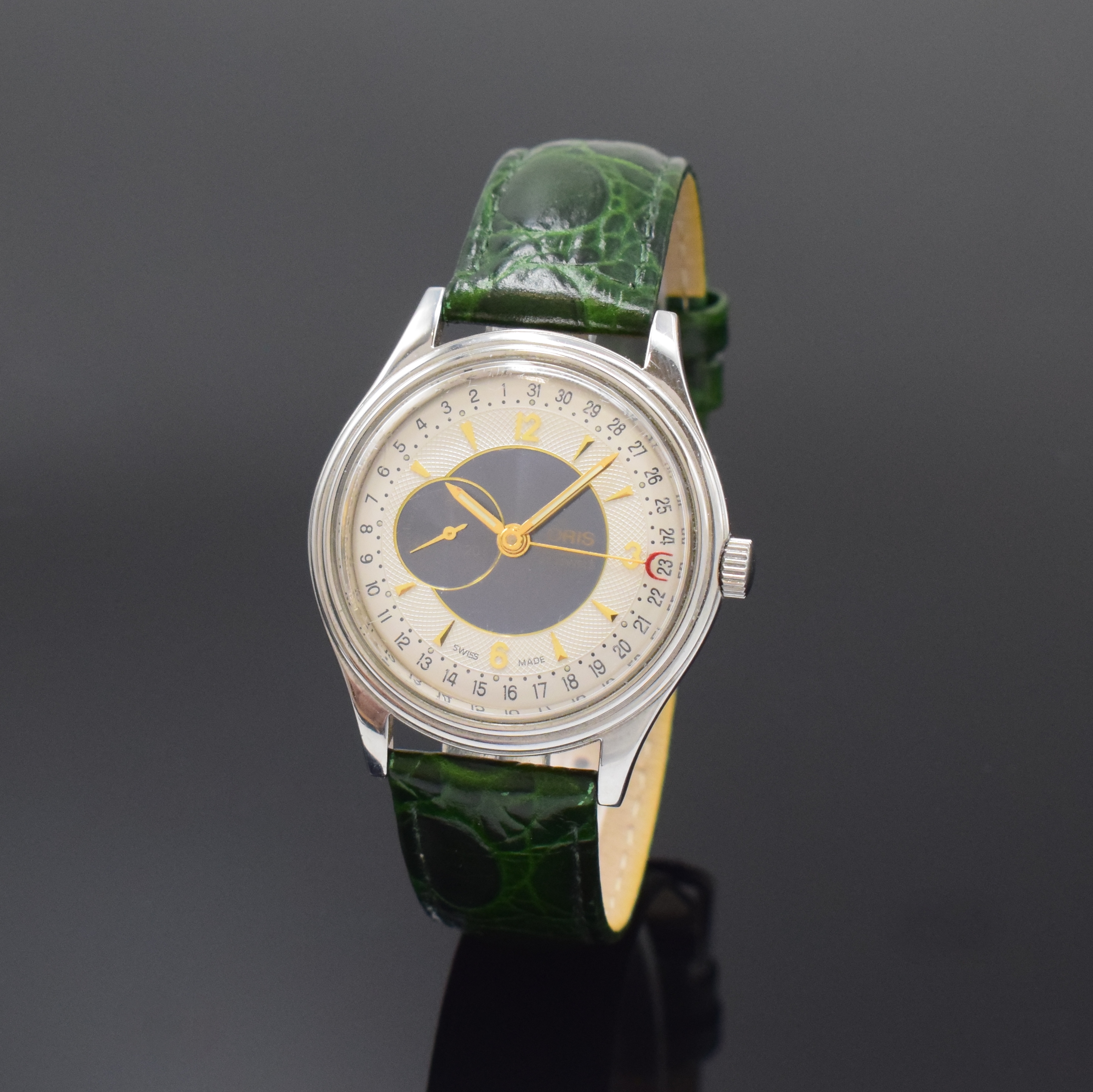 ORIS Herrenarmbanduhr in Edelstahl mit Zeigerdatum Referenz 7461, Schweiz um 1995, Automatik, beids. vergl. Geh., Boden verschr., silb. teils guill. ...