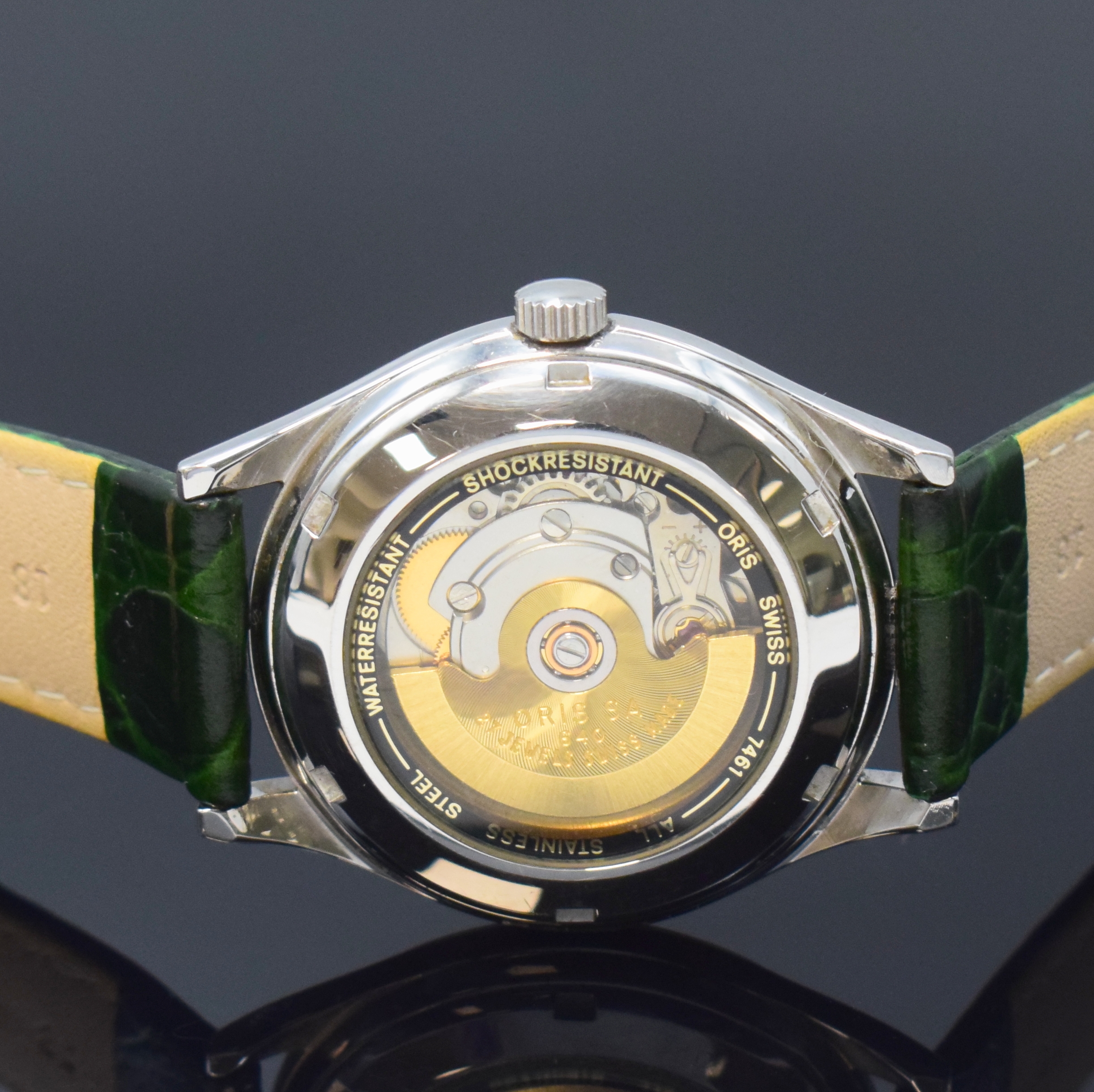 Detail c: ORIS Herrenarmbanduhr in Edelstahl mit Zeigerdatum Referenz 7461, Schweiz um 1995, Automatik, beids. vergl. Geh., Boden verschr., silb. teils guill. ...