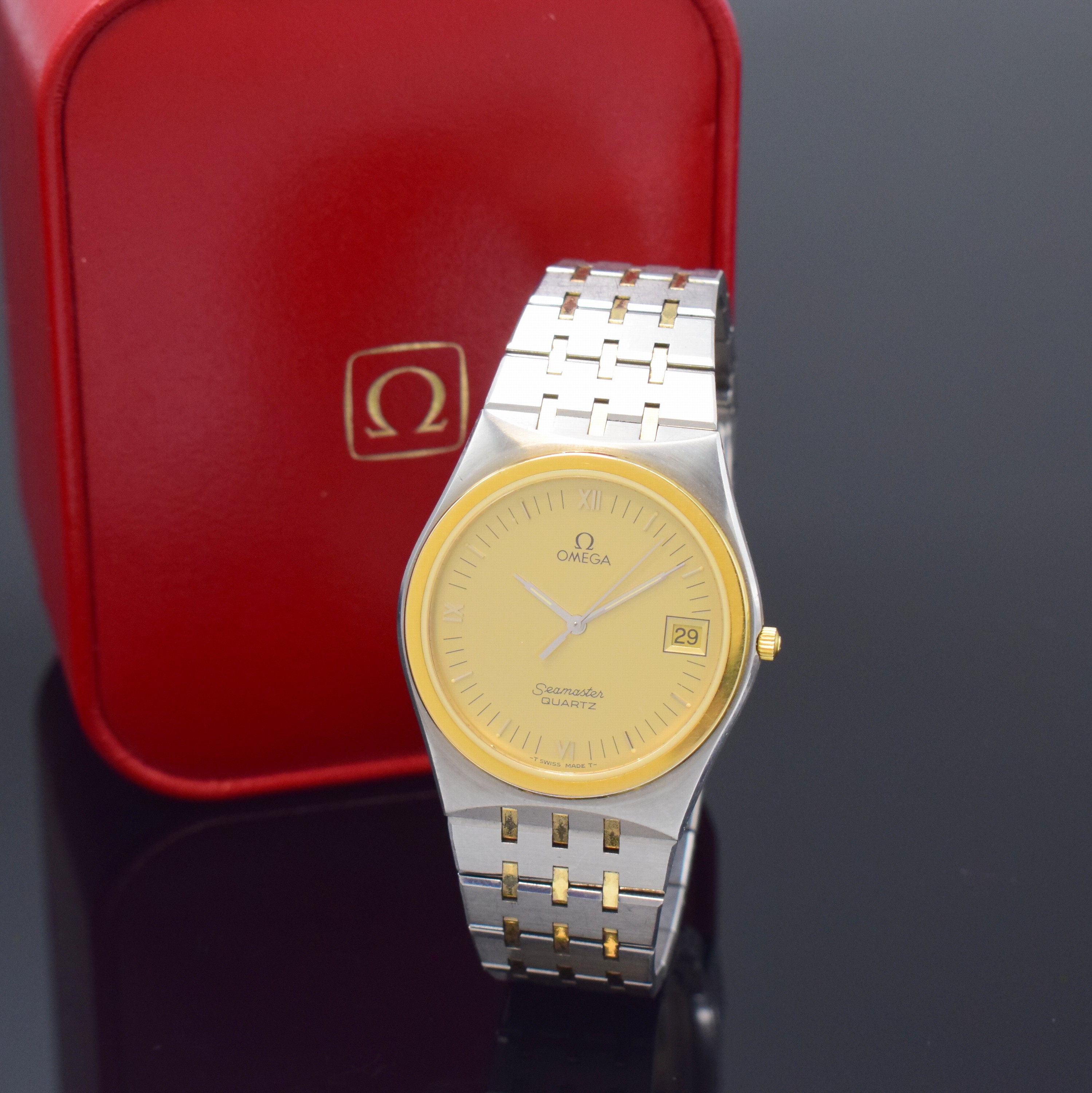 OMEGA Seamaster Herrenarmbanduhr in Stahl/Gold Referenz 196.0275/396.0964, Schweiz um 1985, quarz, orig. Gliederband m. Faltschl., Boden aufgedr., ...