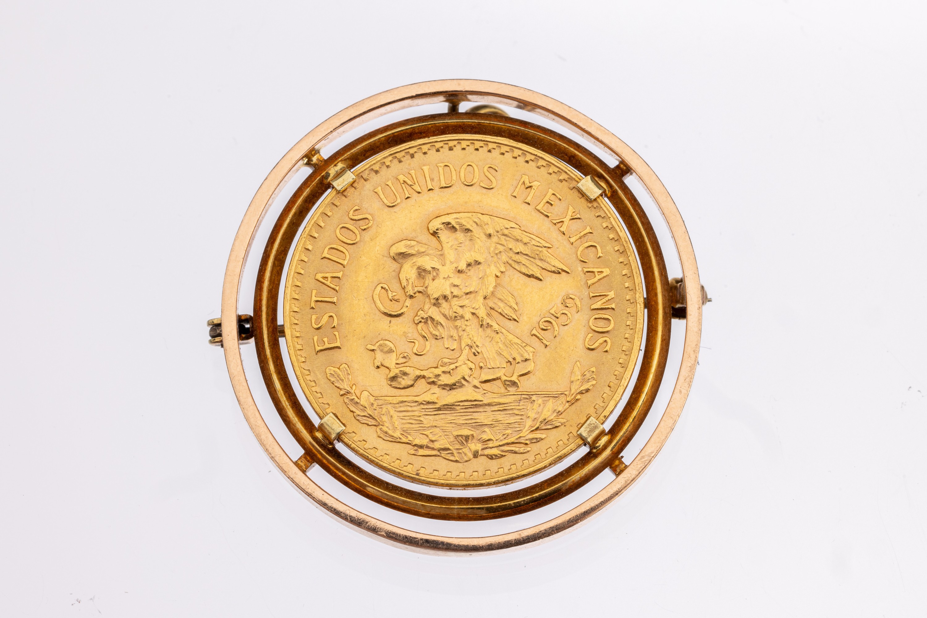 14 kt Gold Münz-Anhänger, GG 585/000, lose gefasste Goldmünze, 20 Pesos, Mexiko, 1959, schlichte Rahmung, D. ca. 3.8 cm, ca. 24.2 g, auch als ...