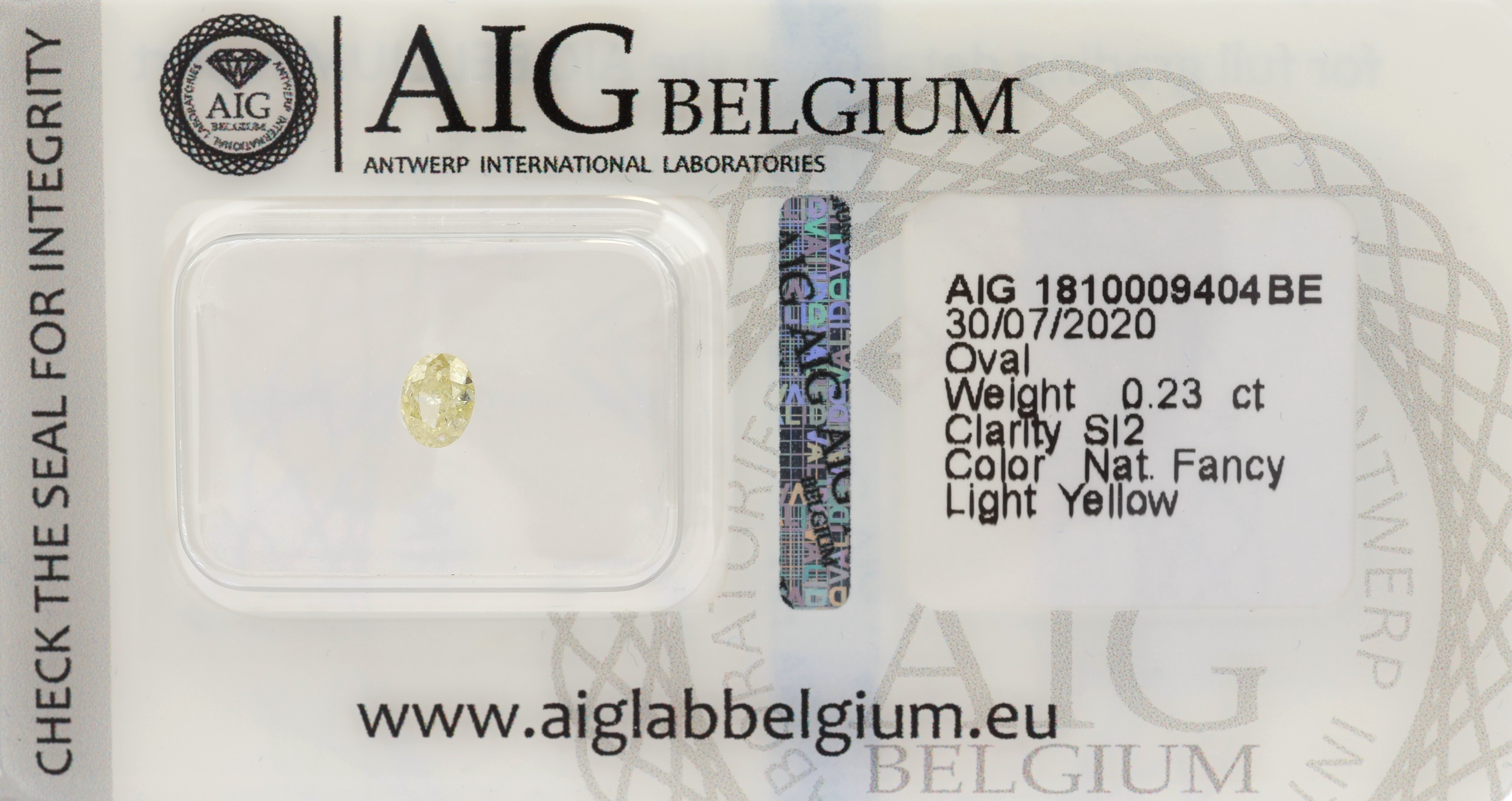 Loser ovalfacett. Diamant 0.23 ct natural fancy light yellow/si 2, AIG Report 07/20