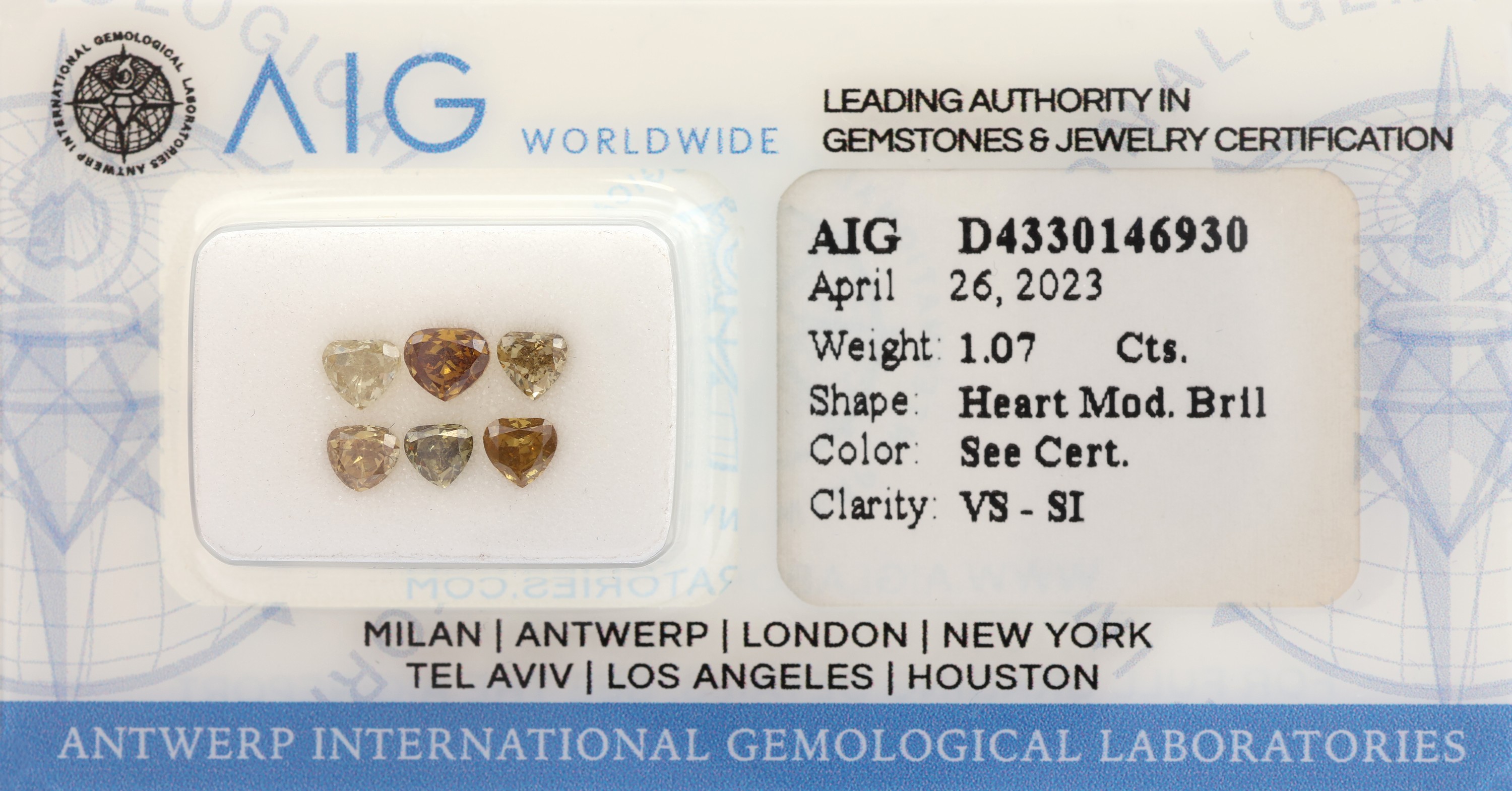 Lot 6 lose facett. Diamant-Herzen zus. 1.07 ctnatural fancy light to deep Yellow/ Brownish Yellow/Yellowish Brown/Yellowish Green/Brown/ vs-si, im ...