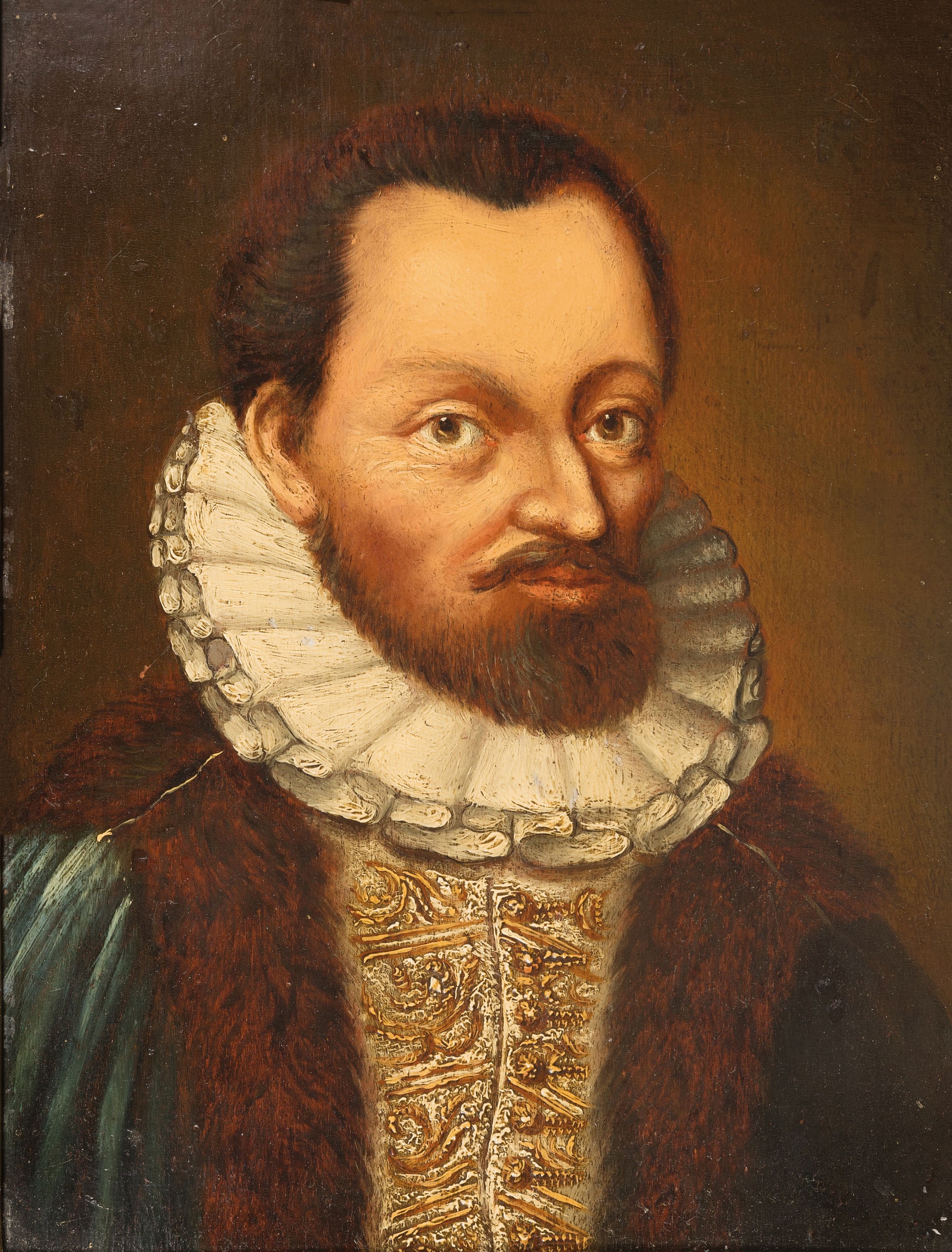 Unbekannter Porträtist, 2. Hälfte 19. Jh., Porträt eines adligen Herrn mit Renaissance- Stehkragen und pelzverbrämt Brokat-Gewand, Öl/Holz, ca. ...