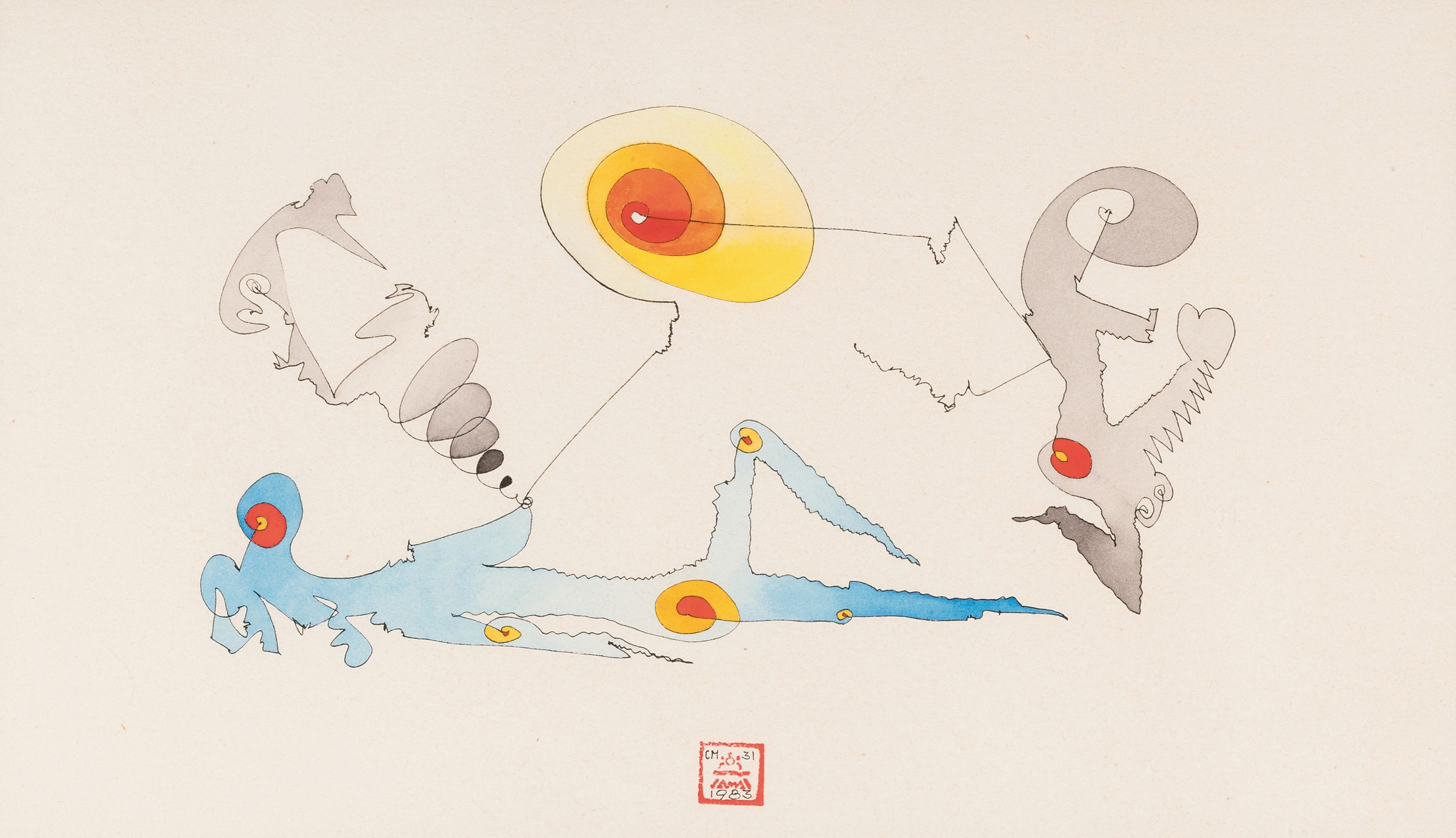Fanal (Joachim Zils), geb. 1948 Trier, aquarellierte Tuschezeichnung von 1983, signiert und dat., Bildausschnitt ca. 23x 40cm PP, u.Gl., R. ca. ...