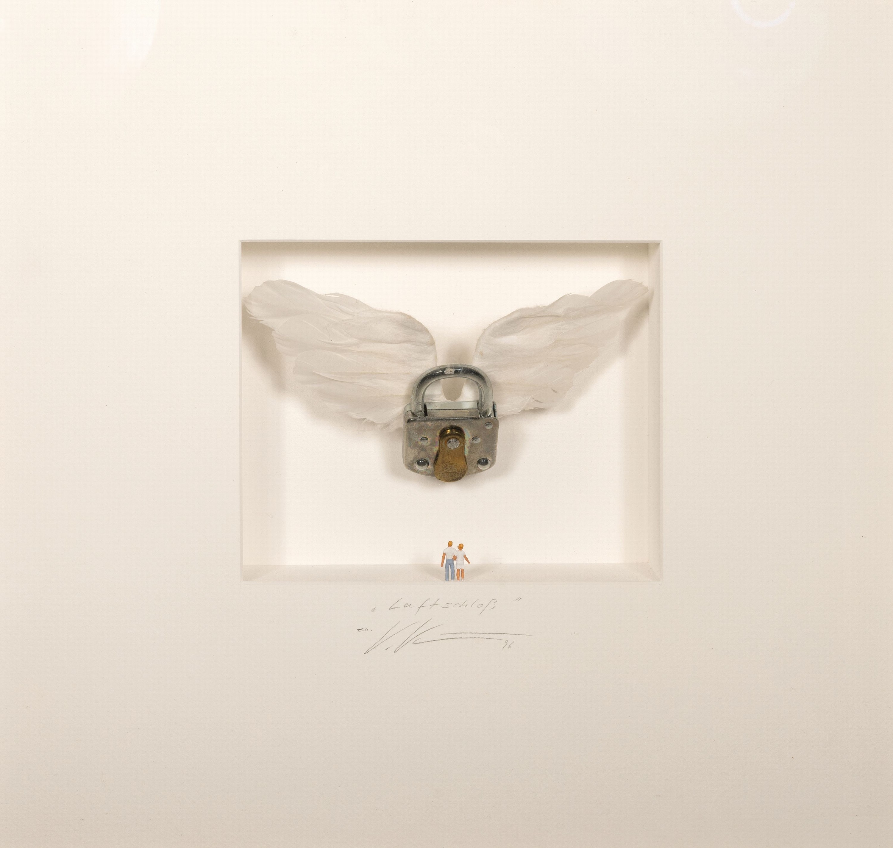 Volker Kühn, 1948 Neuenkirchen-2023, "Luftschloß", 1996, Objektkasten mit 3D-Objekt, weißer Rahmen unter Glas, 44x46 cm