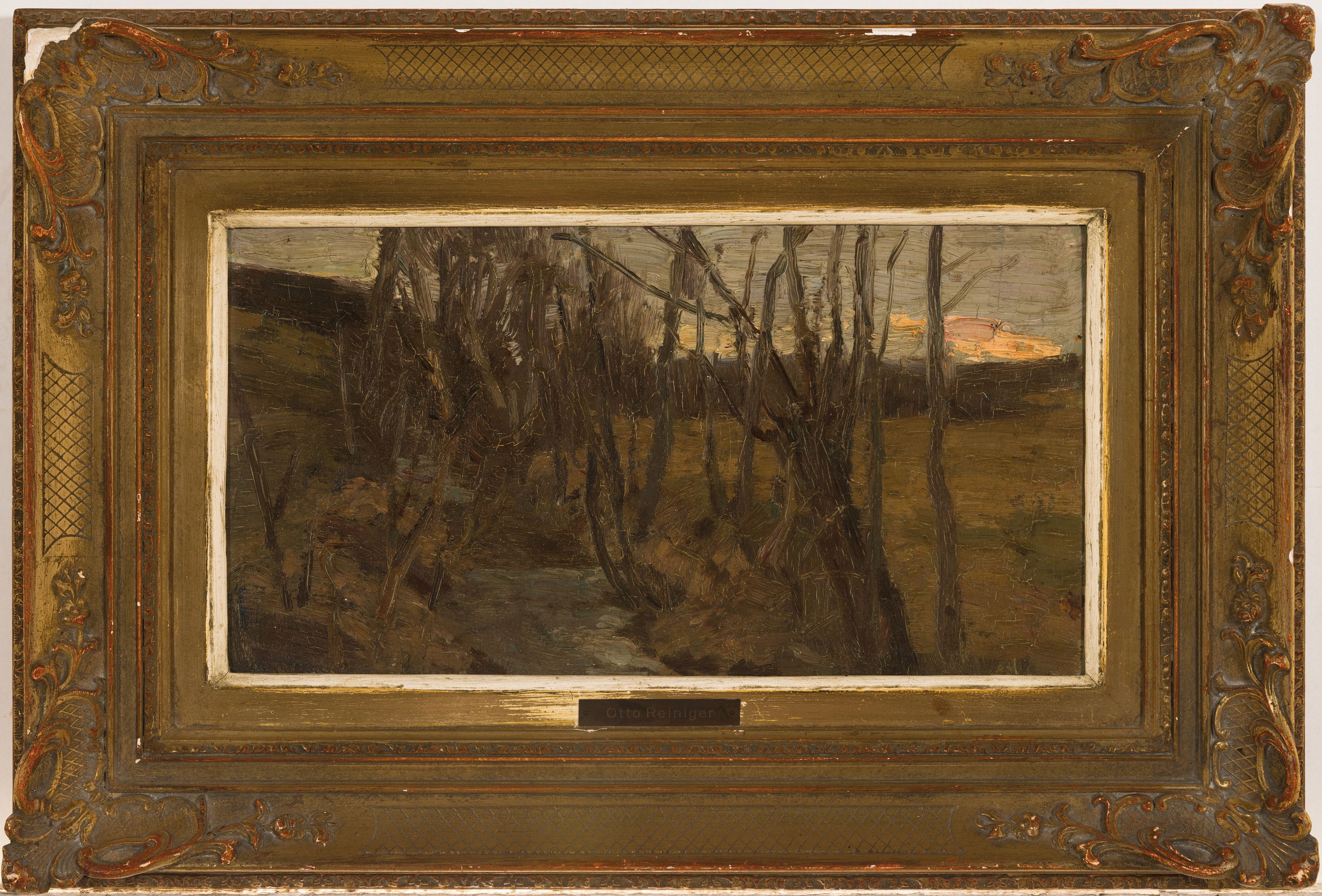 Detail k: Otto Reiniger,1863-1909, Baum bestandener Bachlauf, Öl/Malkarton, rückseitig auf altem Etikett datiert 1892 und bestätigt, unsigniert, ca. 18x33 ...