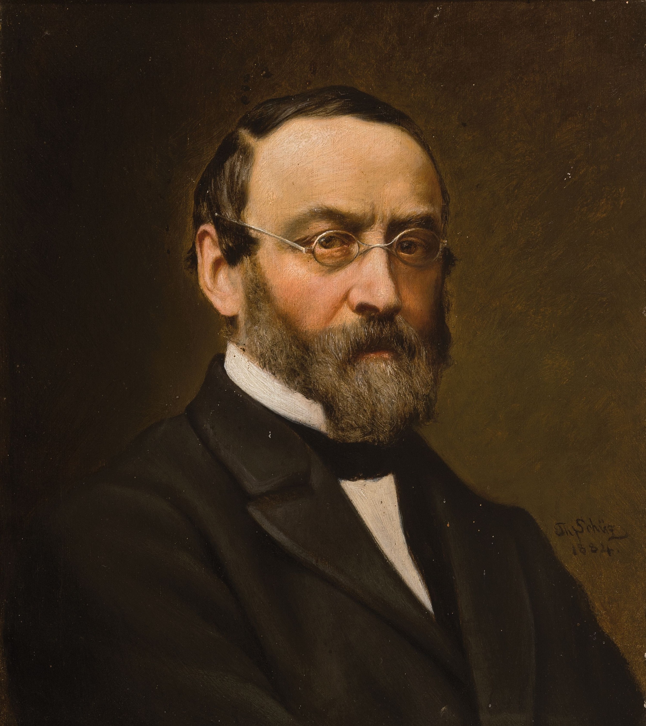 Theodor Schüz, datiert 1884, Porträt eines bärtigen Mannes mit Brille, Öl/Lwd, seitlich rechts sign. und dat., ca. 32x24cm, Prunkrahmen leicht ...