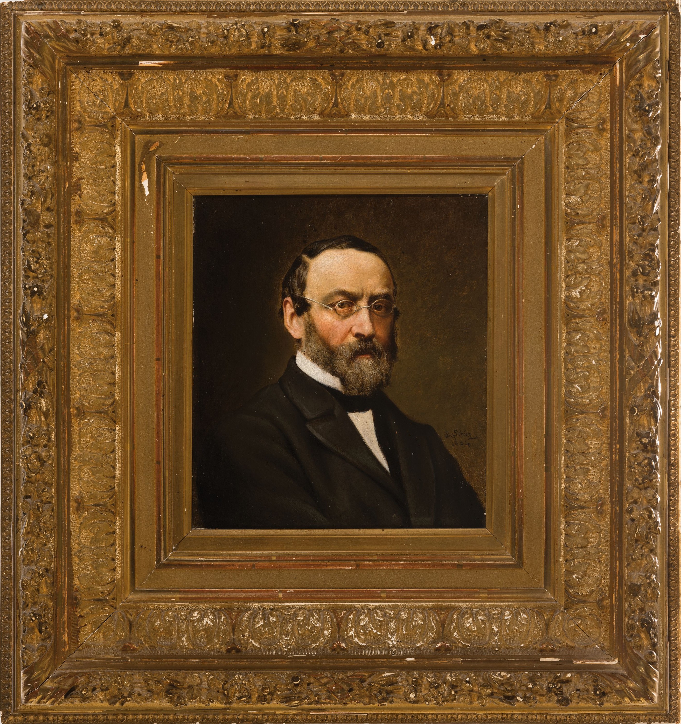 Detail k: Theodor Schüz, datiert 1884, Porträt eines bärtigen Mannes mit Brille, Öl/Lwd, seitlich rechts sign. und dat., ca. 32x24cm, Prunkrahmen leicht ...