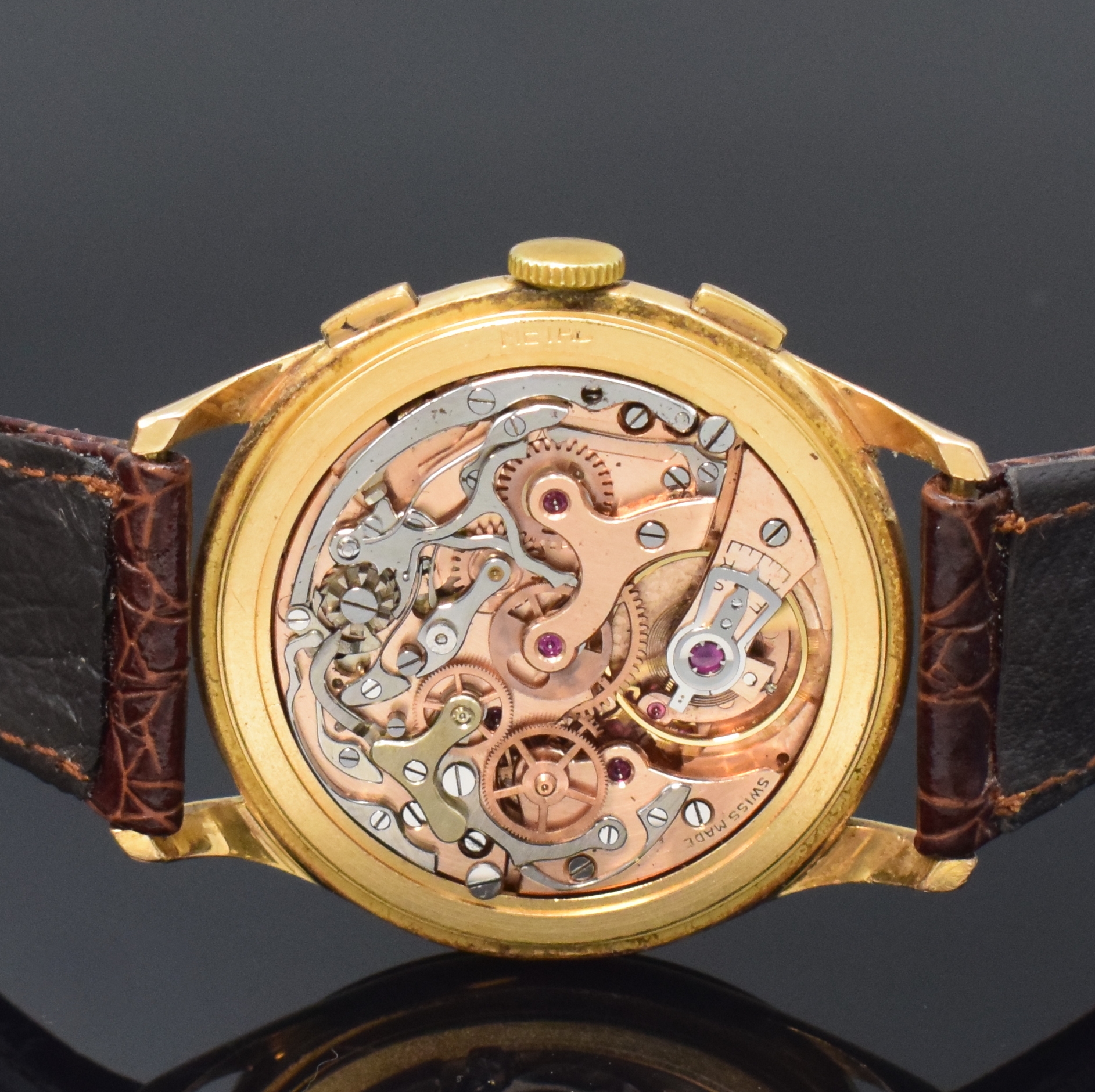 Detail e: PRONTO Schaltradchronograph Kaliber Valjoux 23 in GG 750/000, Schweiz um 1950, Handaufzug, Boden aufgedr., silb. Zifferbl. pat./fl., gold. Std.-Ind. ...