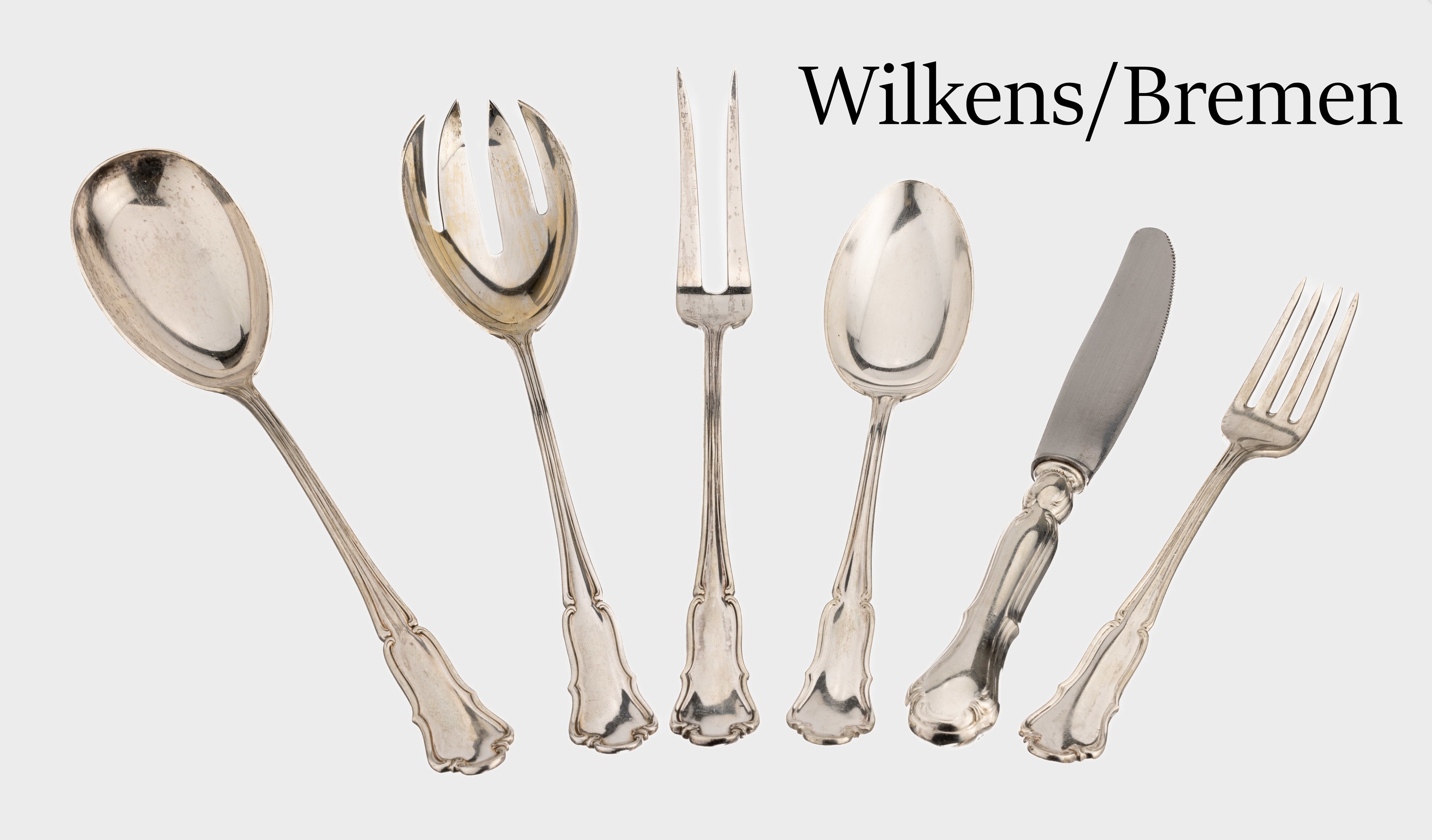 Besteck für7 Personen, 800er Silber, deutsch, Dresdener Barock, best. aus: 7 Menuelöffel, 7 Menuegabeln, 7 Menuemesser, Griffe gefüllt, ...