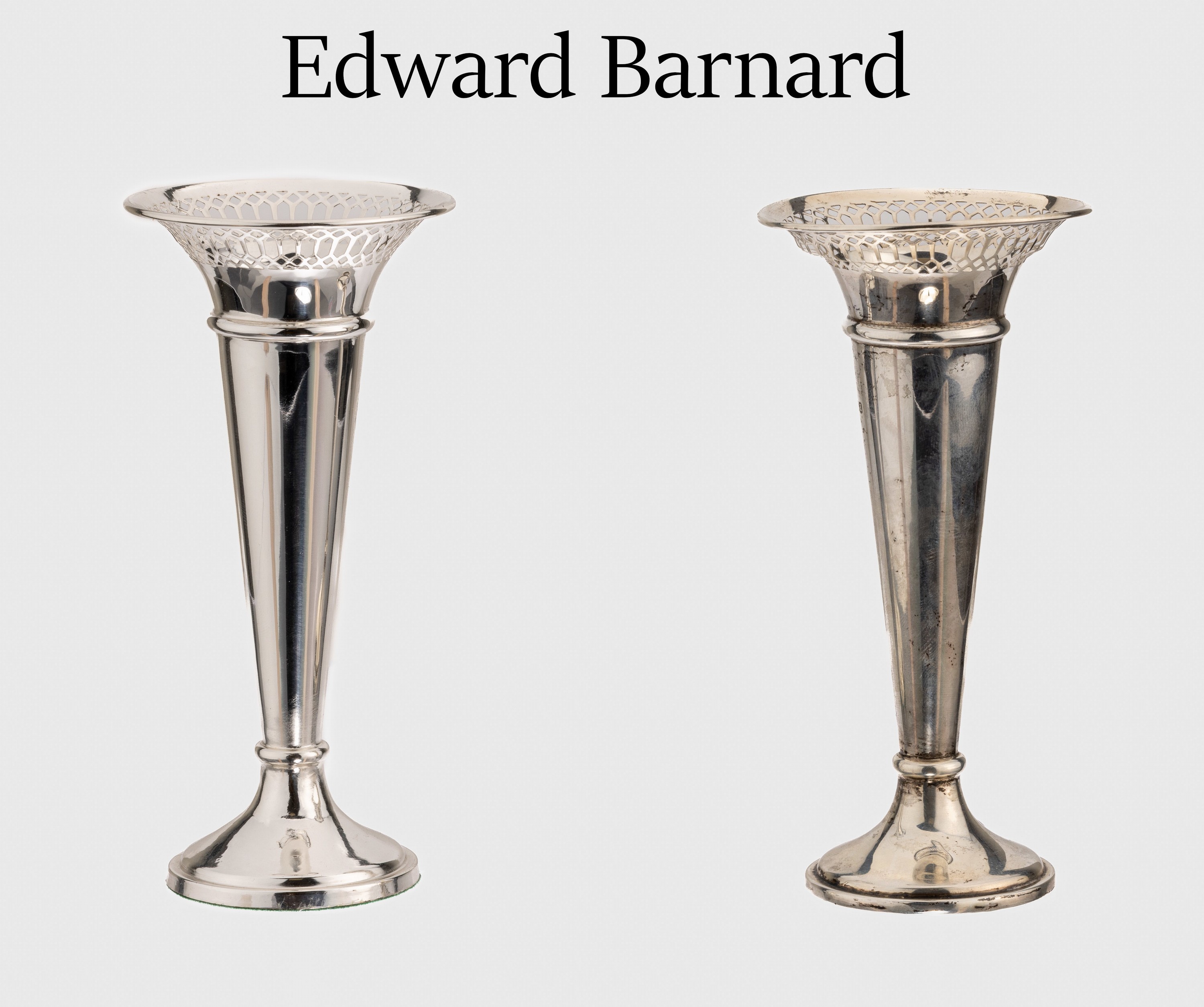 Set 2 Tischvasen, 925er Silber, England, London, 1916, schlicht konisch zulaufend, durchbrochen gearbeiteter Zierrand, H. ca. 15.5 cm, ca. 214 ...