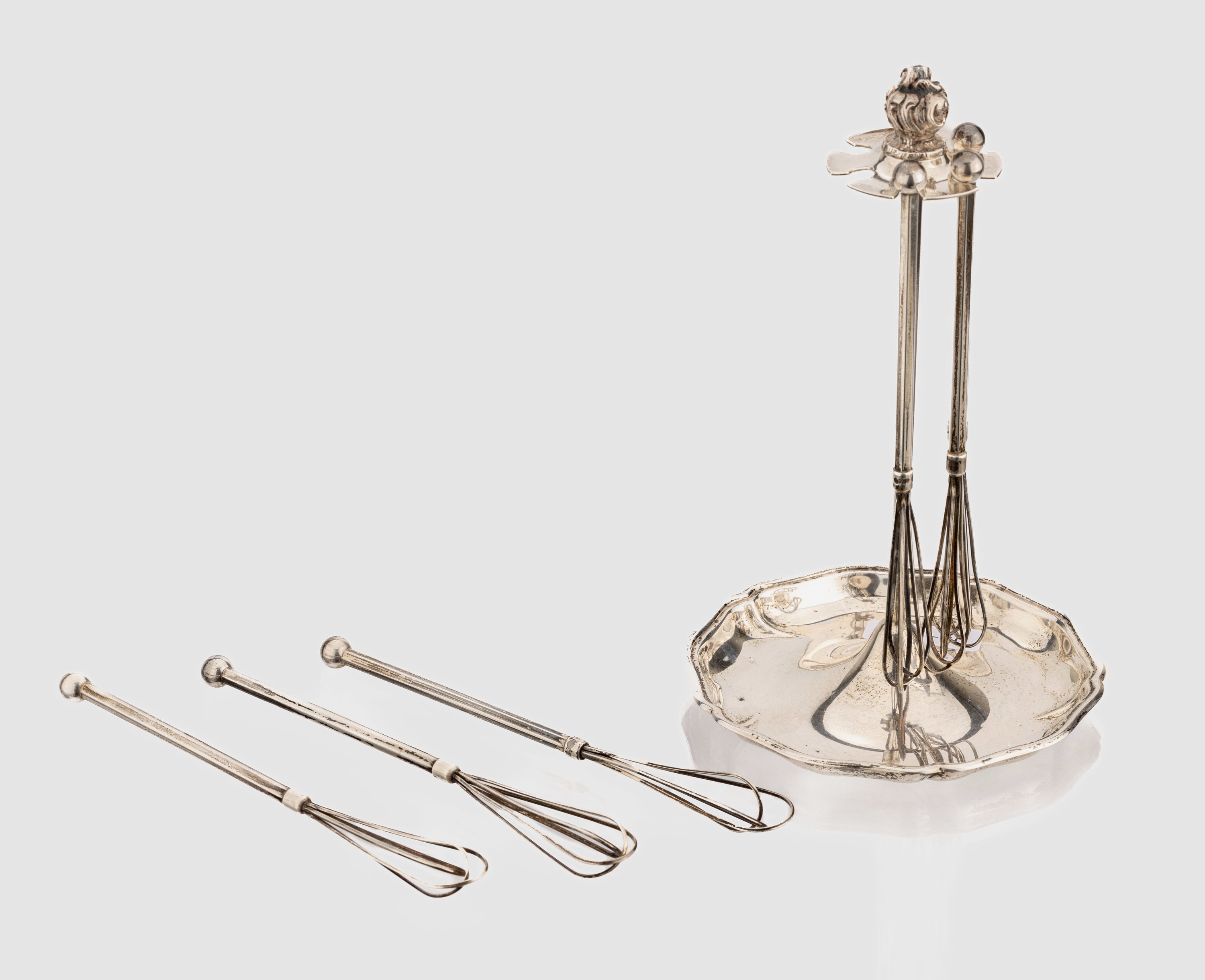 Set 6 Sektquirls mit Ständer, 800er Silber,deutsch, L. ca. 7.5 cm, Ständer mit geschwungenem Fuss, ca. 86.4 g