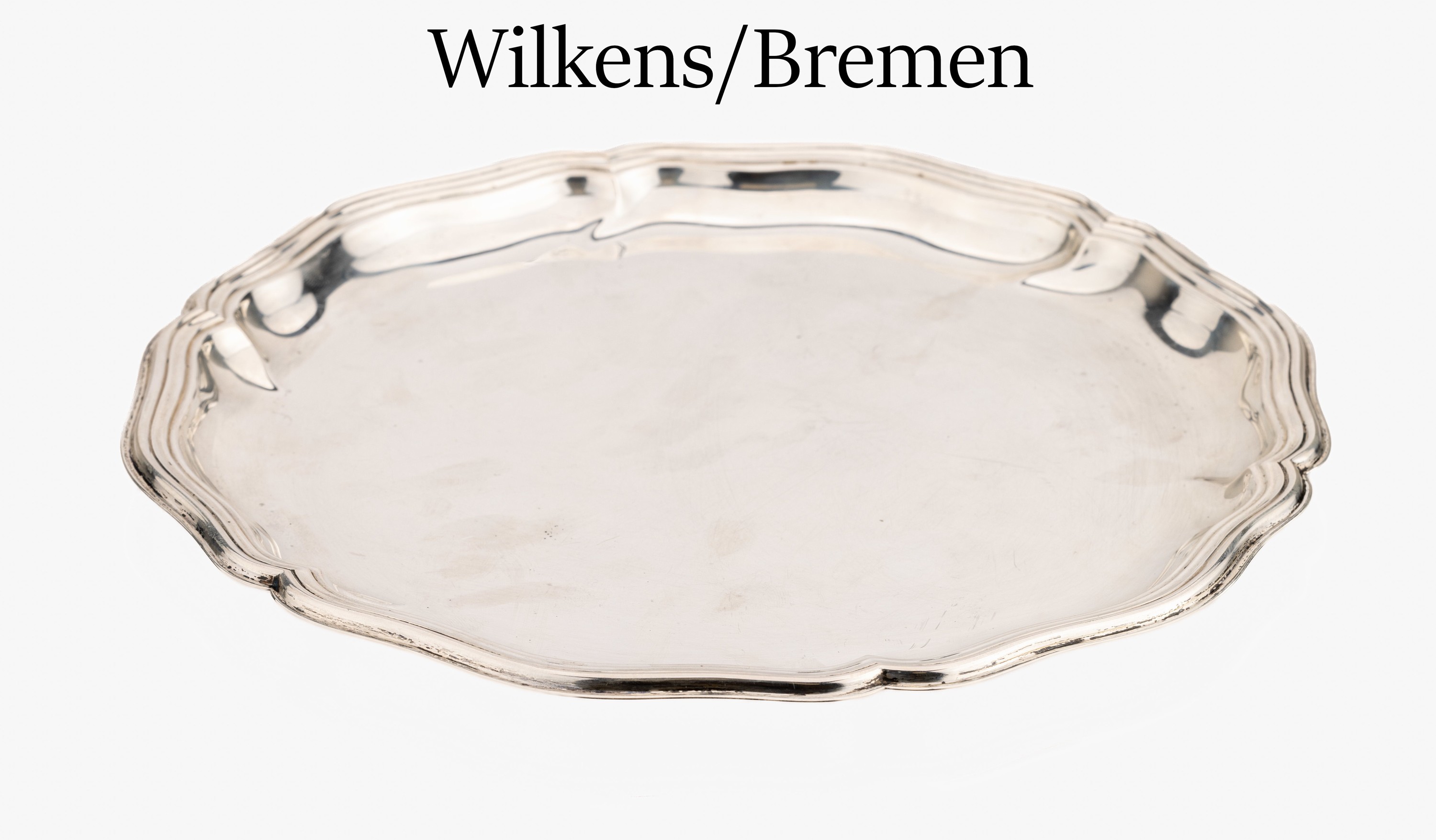 Anbietteller, 830er Silber, deutsch, 1930erJahre, Fahne geschwungen, D. ca. 28 cm, Hersteller Wilkens/Bremen, ca. 333 g