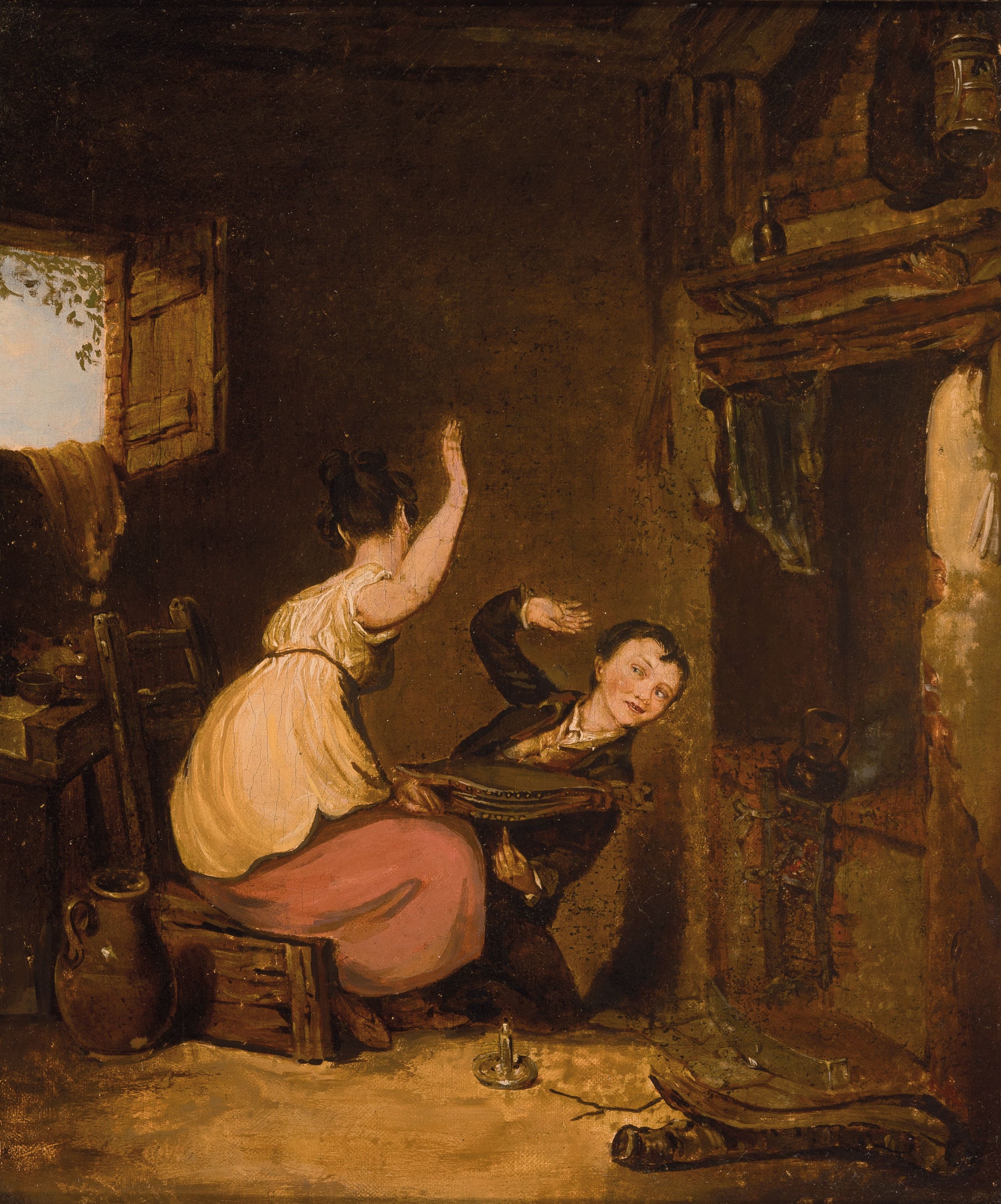Unbekannter Künstler der Mitte des 19. Jh., In der Stube, humoristisch-erotische Szene, Öl/Lwd, rest., ca. 33x28cm, klassizistischer Rahmen ca. ...