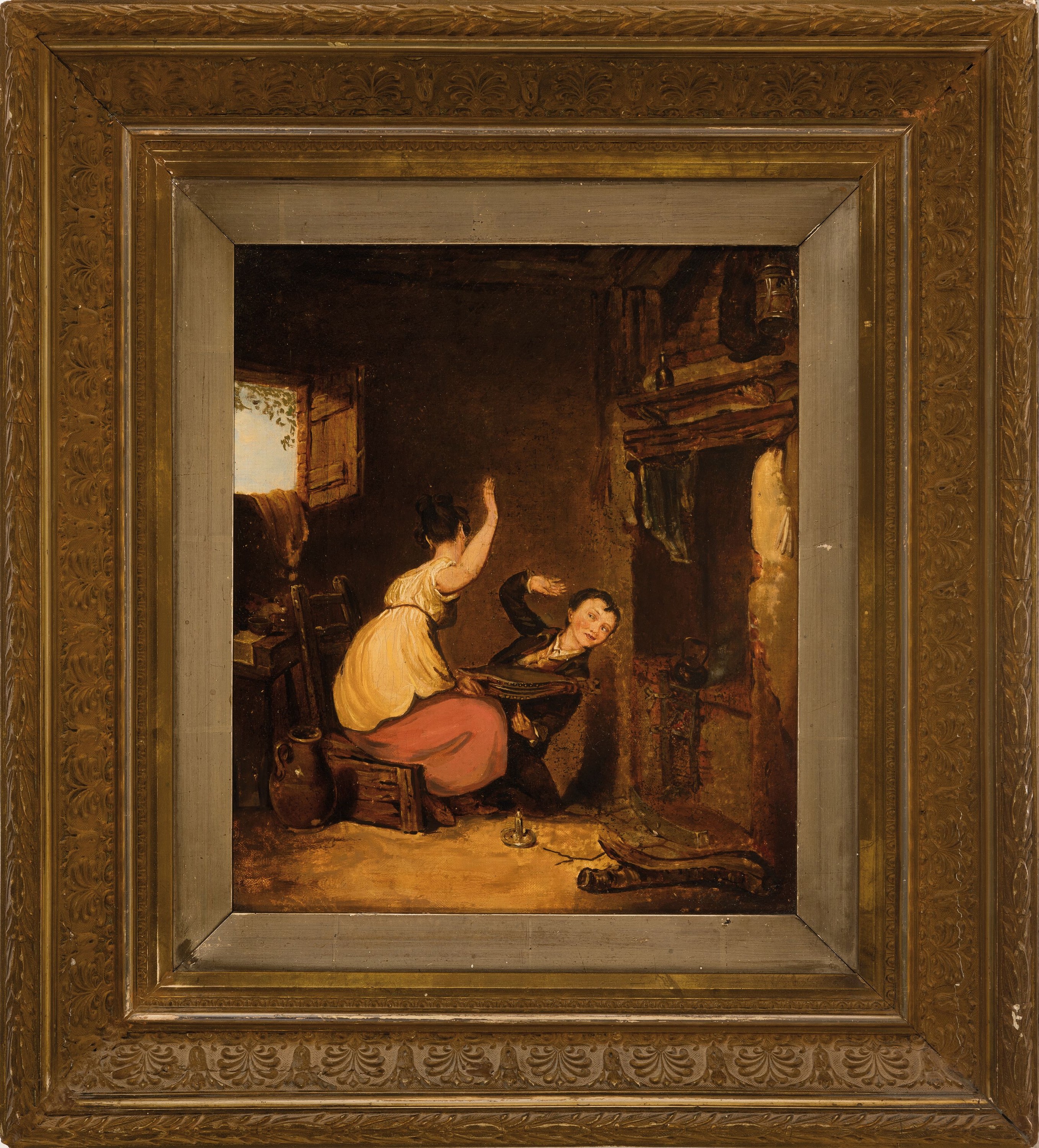 Detail k: Unbekannter Künstler der Mitte des 19. Jh., In der Stube, humoristisch-erotische Szene, Öl/Lwd, rest., ca. 33x28cm, klassizistischer Rahmen ca. ...