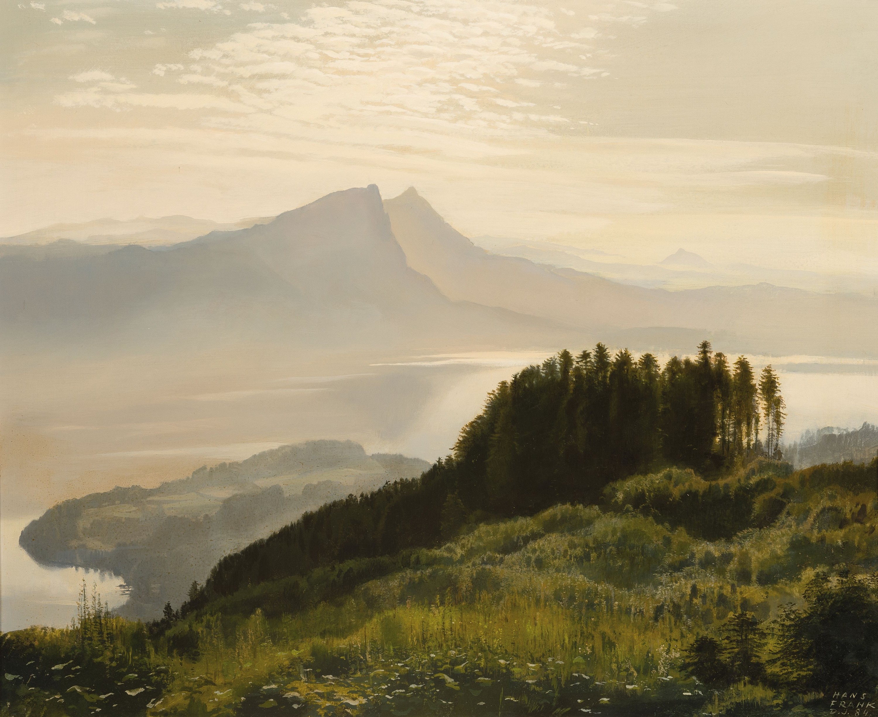 Hans Frank d.J., 1925 Wien-2018 Tiefgraben/OberÖsterreich, Blick über den Irrsee zum Schafberg, Öl/Hartfaser, signiert und dat. 1984, ca. 46x56cm, ...