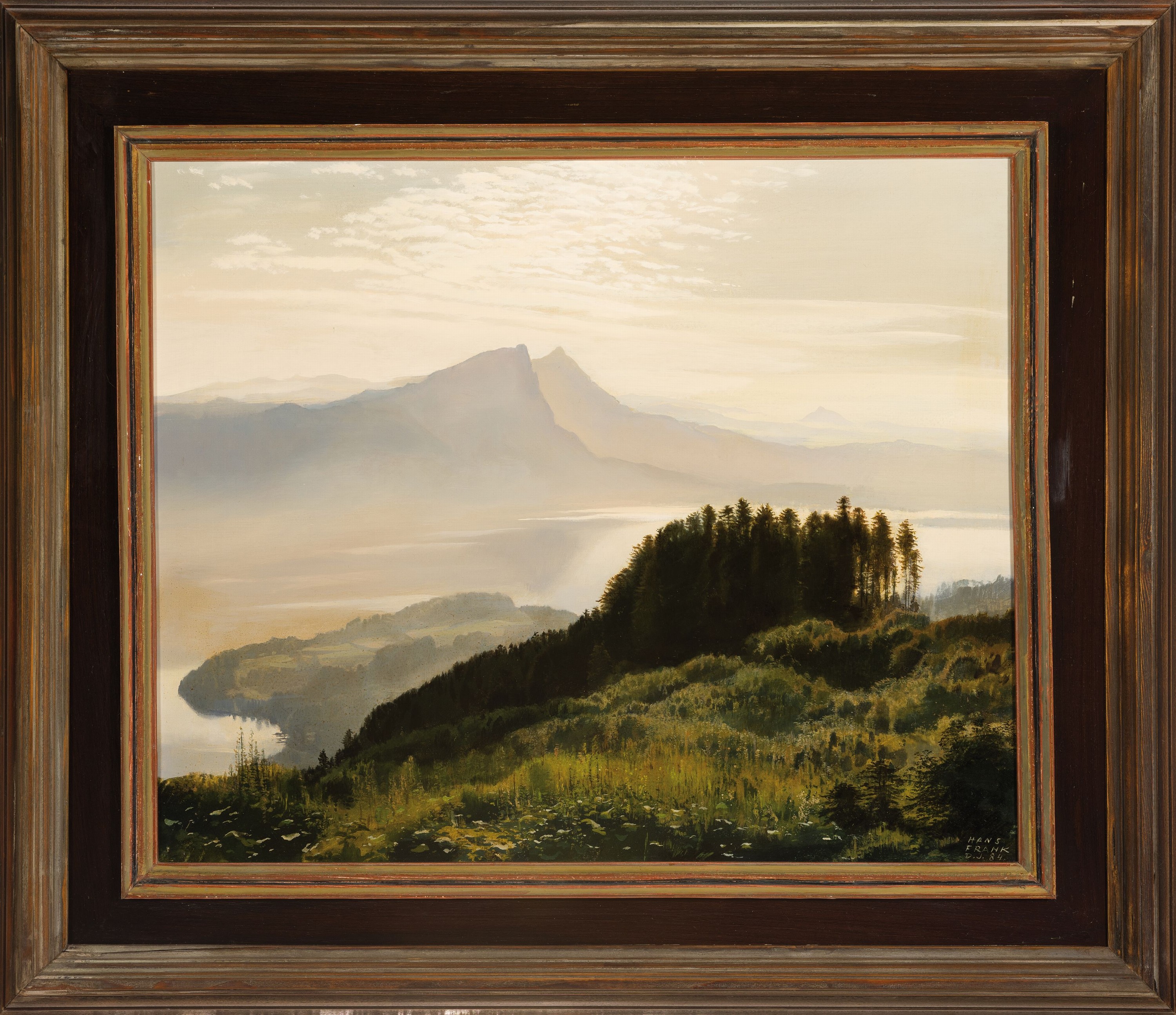 Detail k: Hans Frank d.J., 1925 Wien-2018 Tiefgraben/OberÖsterreich, Blick über den Irrsee zum Schafberg, Öl/Hartfaser, signiert und dat. 1984, ca. 46x56cm, ...