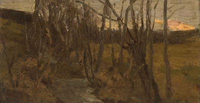 Image Otto Reiniger,1863-1909, Baum bestandener Bachlauf, Öl/Malkarton, rückseitig ...