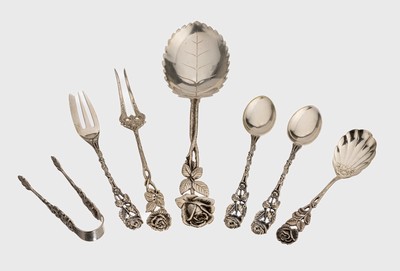 Image Lot Hildesheim Rose , 800 silver, german, 6 x cake forks, 6 x mocha spoons, 1 x sugar ...