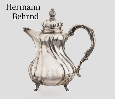 Image Coffee pot, 800 silver , german 1950s, baroque style with swung gadrooning, handle with ...