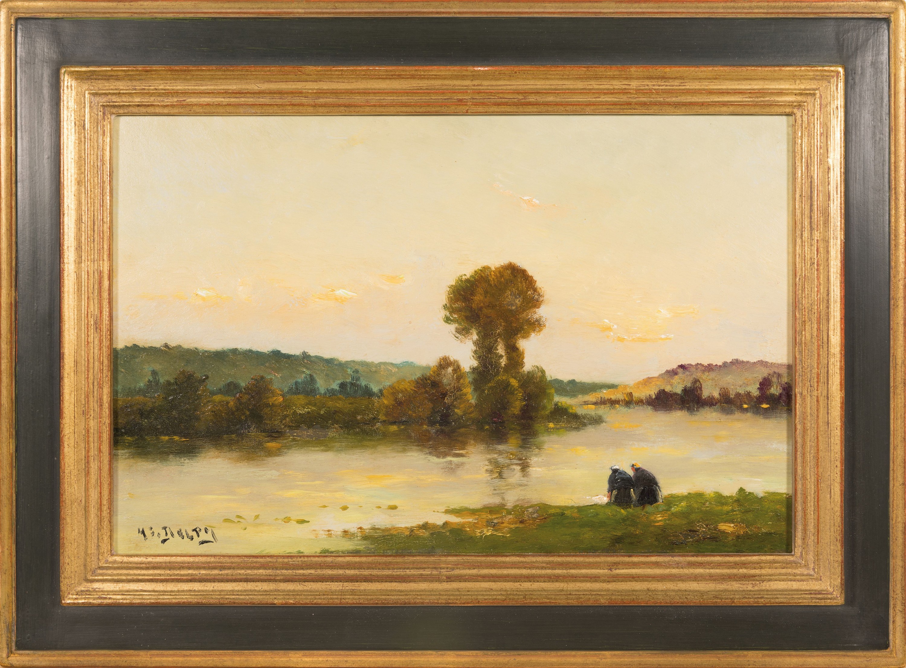 Detail k: Jacques Henri Delpy, 1877-1957, Landschaft mit zwei waschenden Frauen am Flussufer, Öl/Holz, links unten signiert, ca. 22x33cm, R. ca. 32x42cm