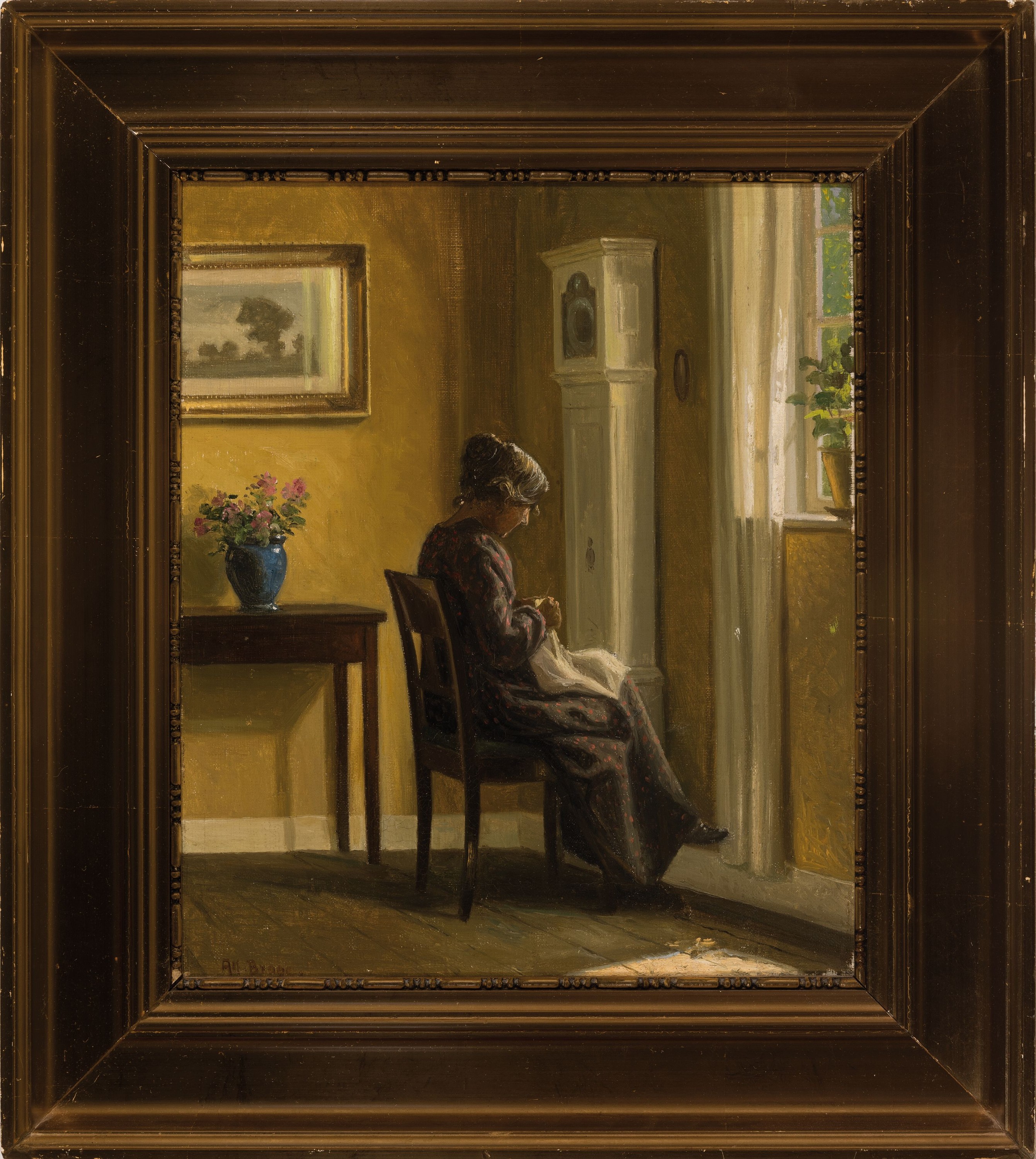 Detail k: Alfred Broge, 1870-1955 Kopenhagen, Interieur mit stickender jungen Frau vor dem Fenster, Öl/Lwd, links unten sign., ca. 40x34 cm, R. ca. 56x50cm