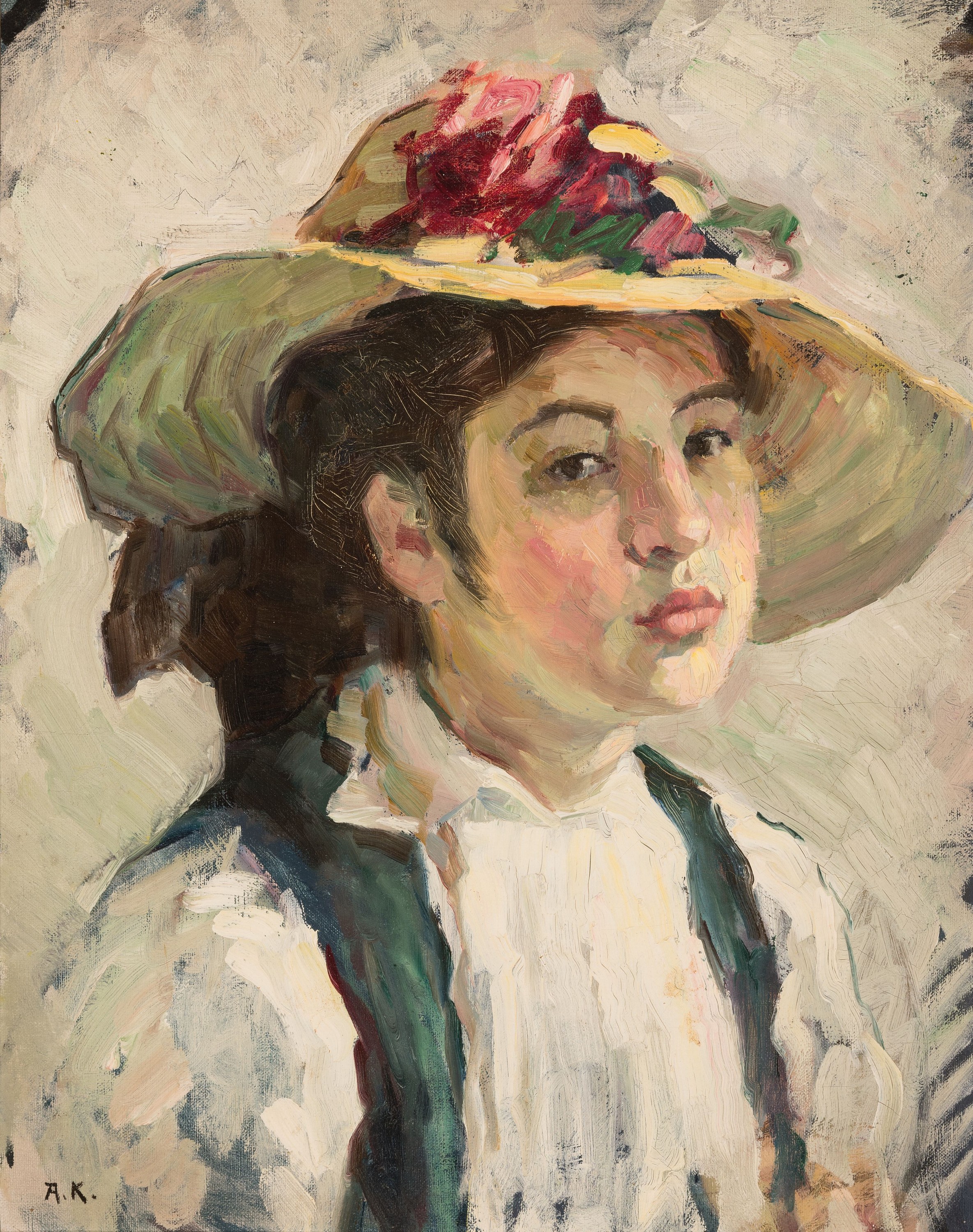 Monogrammist A.K., deutsch, um 1910-1920, Porträt einer jungen Frau mit Sommerhut, Öl/Lwd/Holz, links unten monogr., ca. 54x43cm, R. ca. 63x52cm