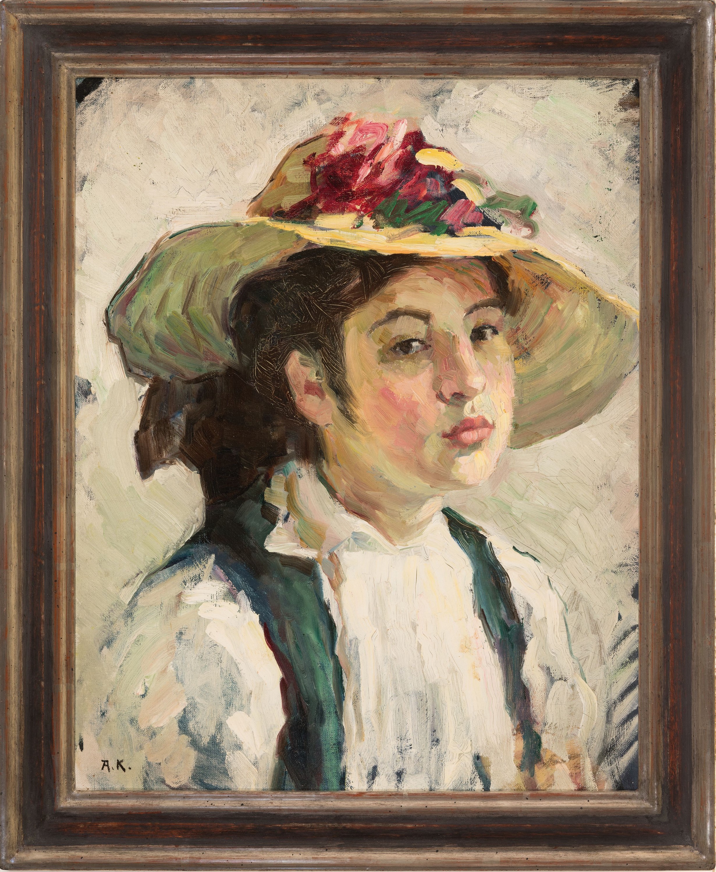 Detail k: Monogrammist A.K., deutsch, um 1910-1920, Porträt einer jungen Frau mit Sommerhut, Öl/Lwd/Holz, links unten monogr., ca. 54x43cm, R. ca. 63x52cm