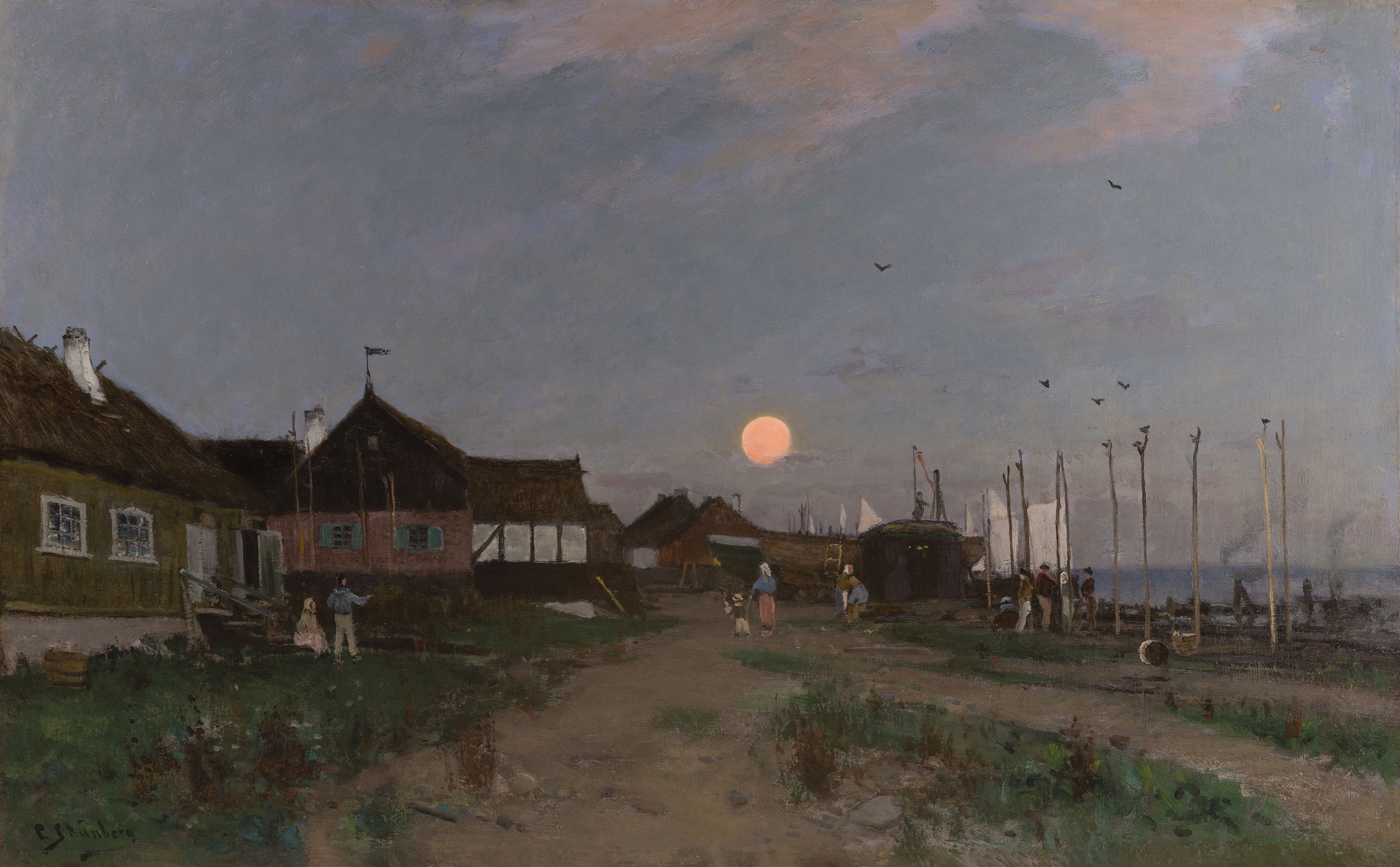 Carl Emmerik Skanberg, 1850 Norrköping/ Schweden-1883 Stockholm, Sonnenaufgang über einem Fischerdorf, Öl/Lwd, links unten signiert, ca. 50x80cm, ...