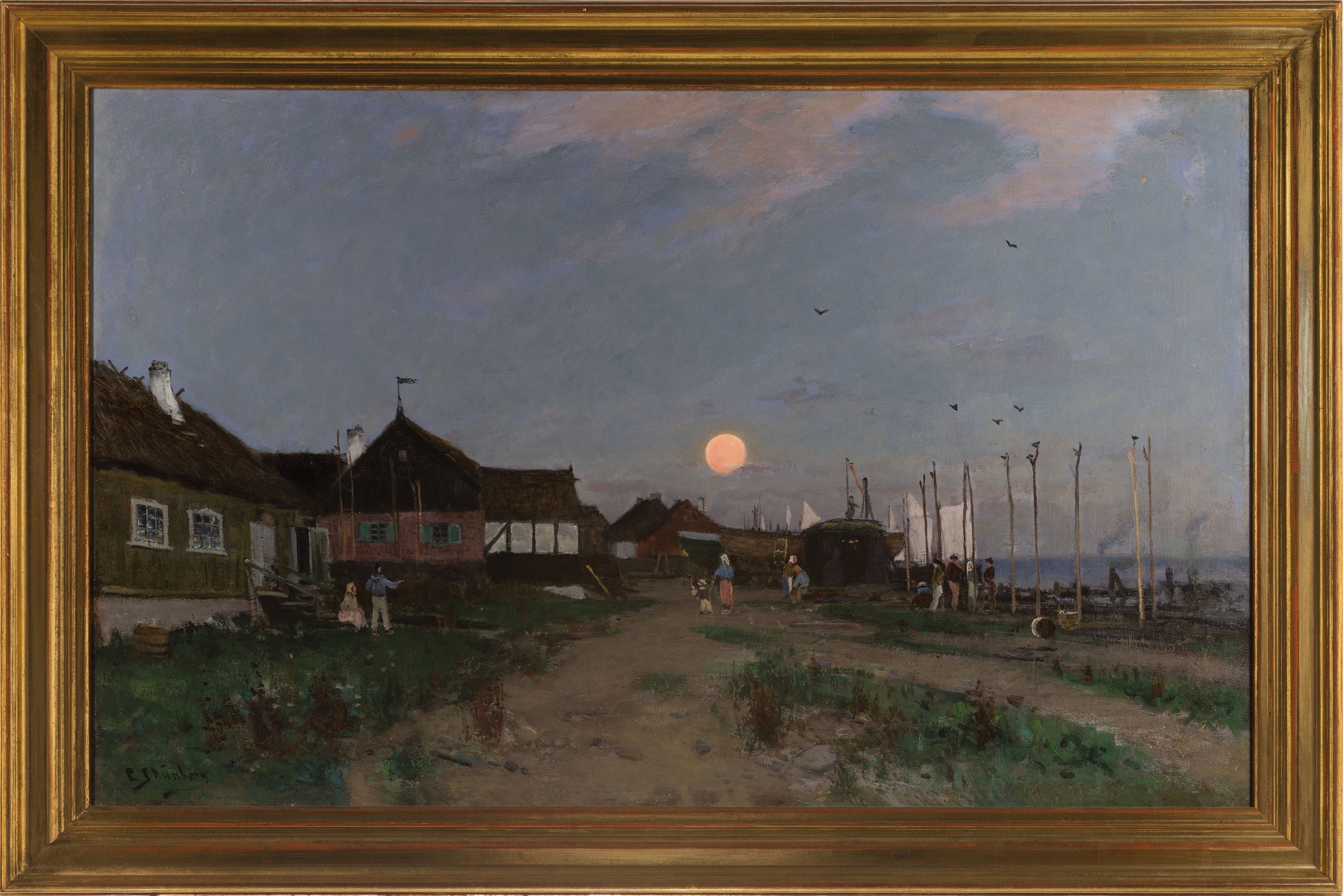 Detail k: Carl Emmerik Skanberg, 1850 Norrköping/ Schweden-1883 Stockholm, Sonnenaufgang über einem Fischerdorf, Öl/Lwd, links unten signiert, ca. 50x80cm, ...