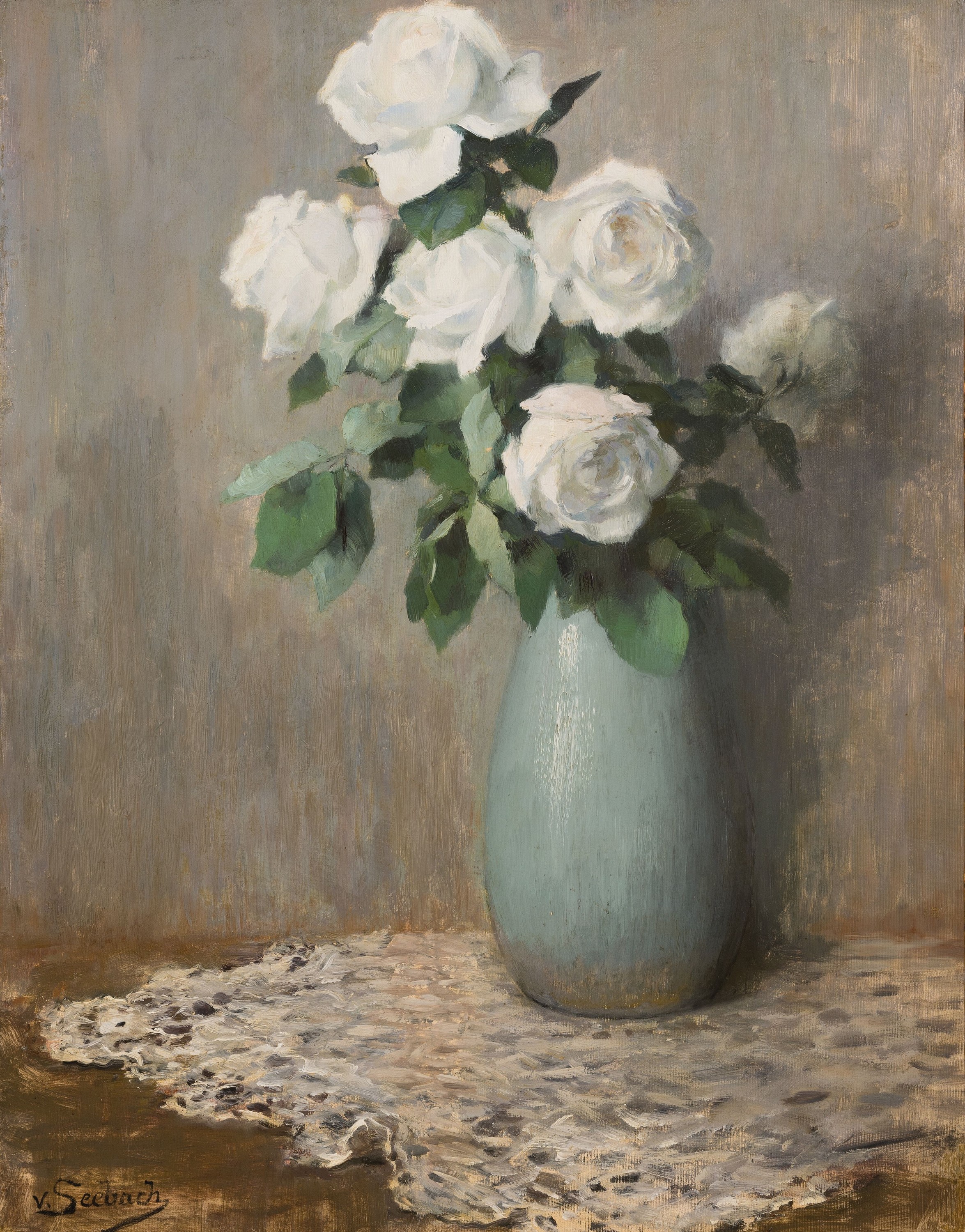 Lothar von Seebach, 1853 Fessenbach-1930 Strassburg, Stillleben mit weissen Rosen in Keramikvase auf Spitzendecke, Öl/Lwd, links unten sign., ca. ...