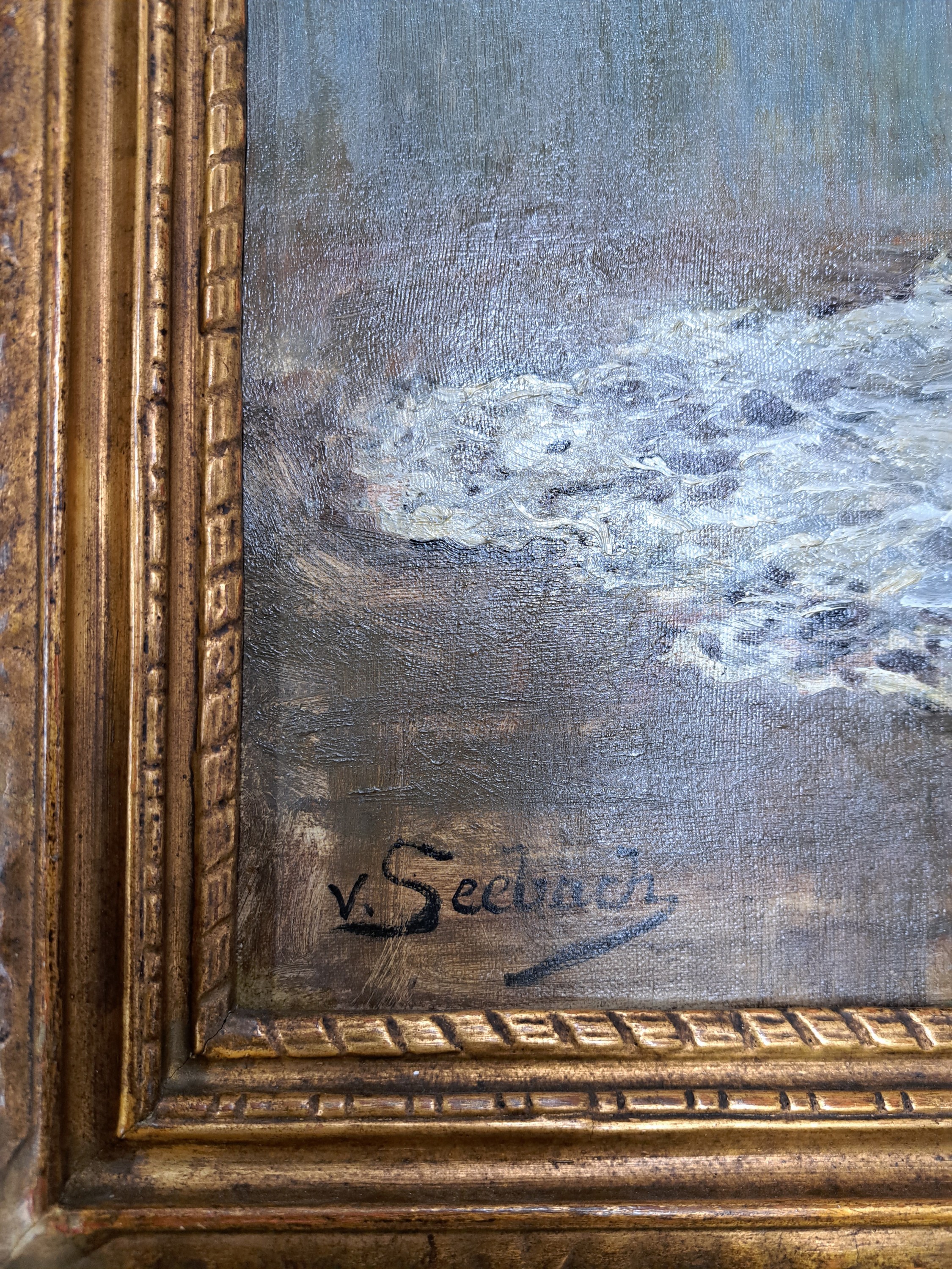 Detail e: Lothar von Seebach, 1853 Fessenbach-1930 Strassburg, Stillleben mit weissen Rosen in Keramikvase auf Spitzendecke, Öl/Lwd, links unten sign., ca. ...