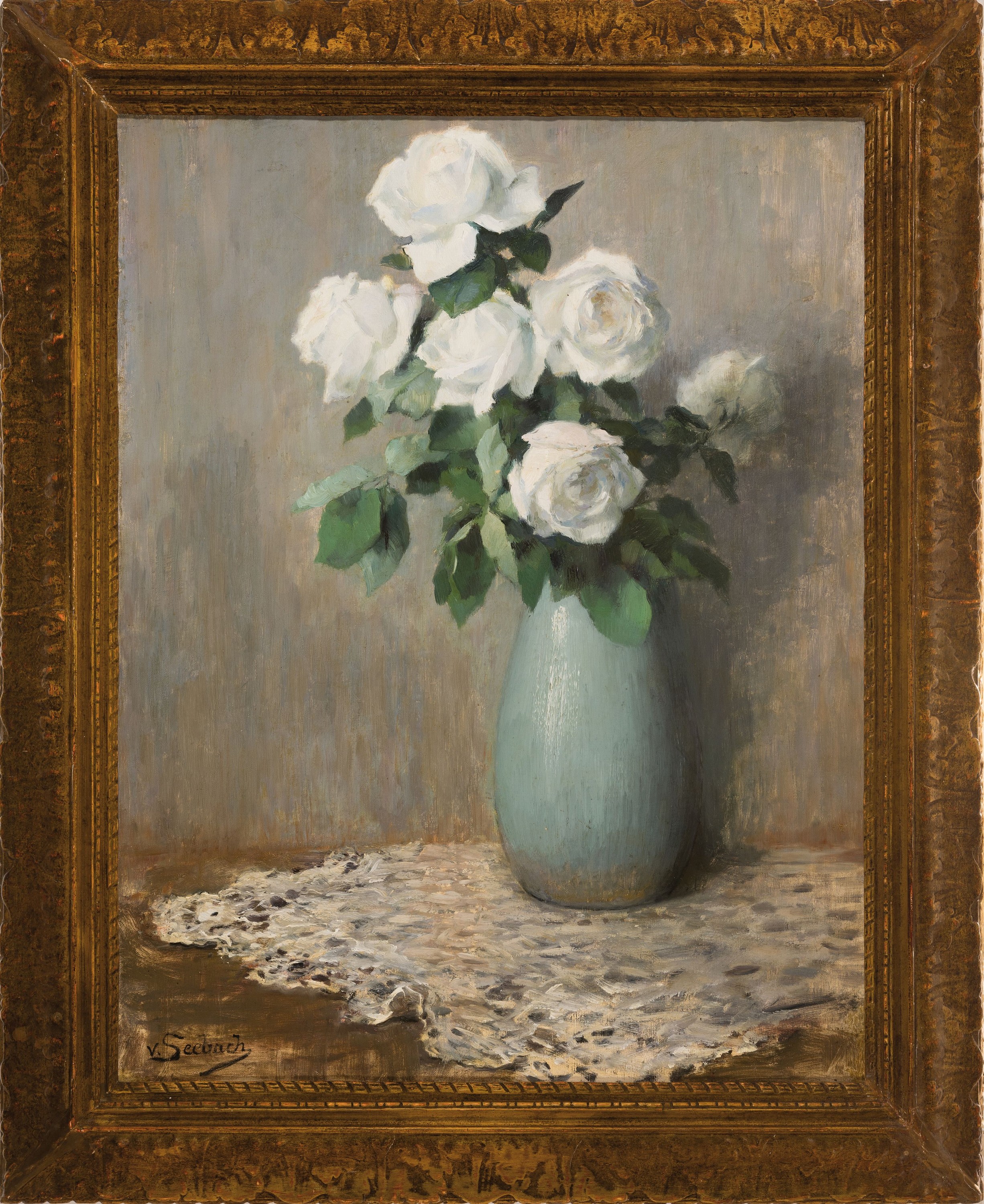 Detail k: Lothar von Seebach, 1853 Fessenbach-1930 Strassburg, Stillleben mit weissen Rosen in Keramikvase auf Spitzendecke, Öl/Lwd, links unten sign., ca. ...