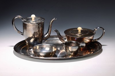 Image Coffee and tea set, German, 1930s, 835 silver, hammered decoration, lid crowns with leg ...