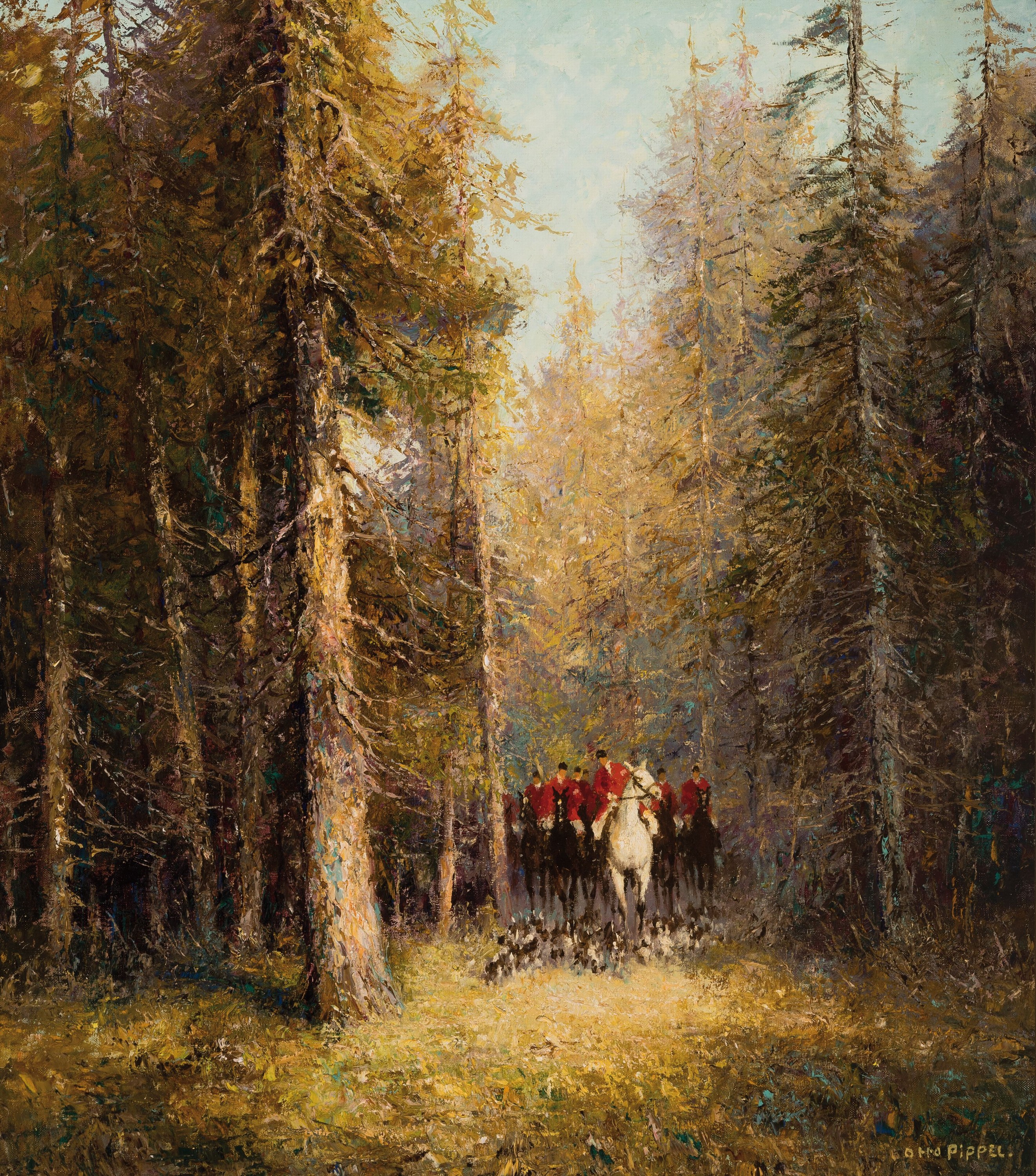 Otto Pippel, 1878 Lodz - 1960 Planegg, "Hubertusjagd" so verso bezeichnet, rechts unten signiert, Keilrahmen mit altem Künstleretikett, ...