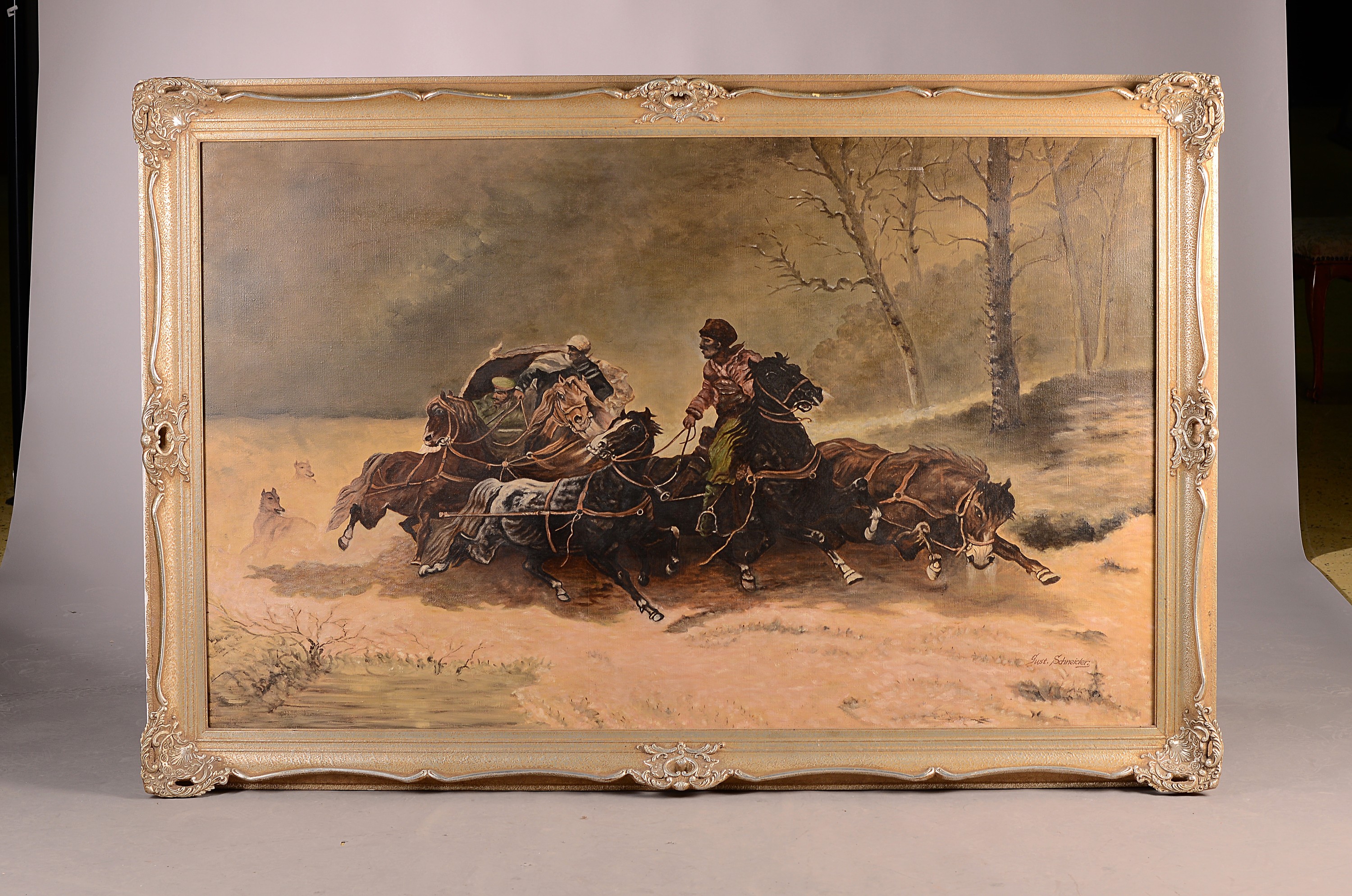 Gustav Schneider, Maler um 1900, russischer Troika Schlitten wird von einem Rudel Wölfe angegriffen, Öl/Lwd, rechts unten signiert, ca. 95x150cm, ...